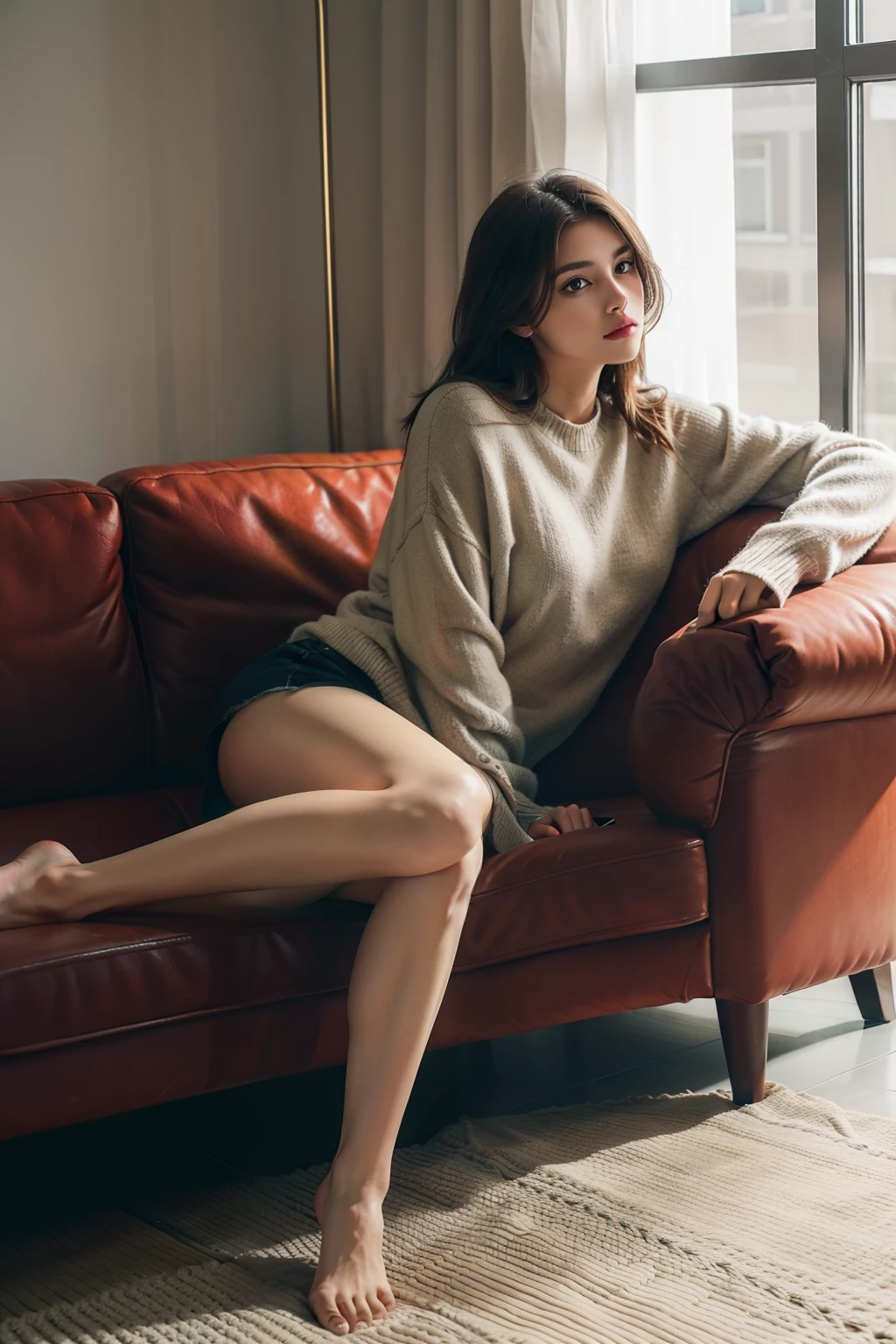 1girl in,Sitting on a cozy sofa,cross one's legs,