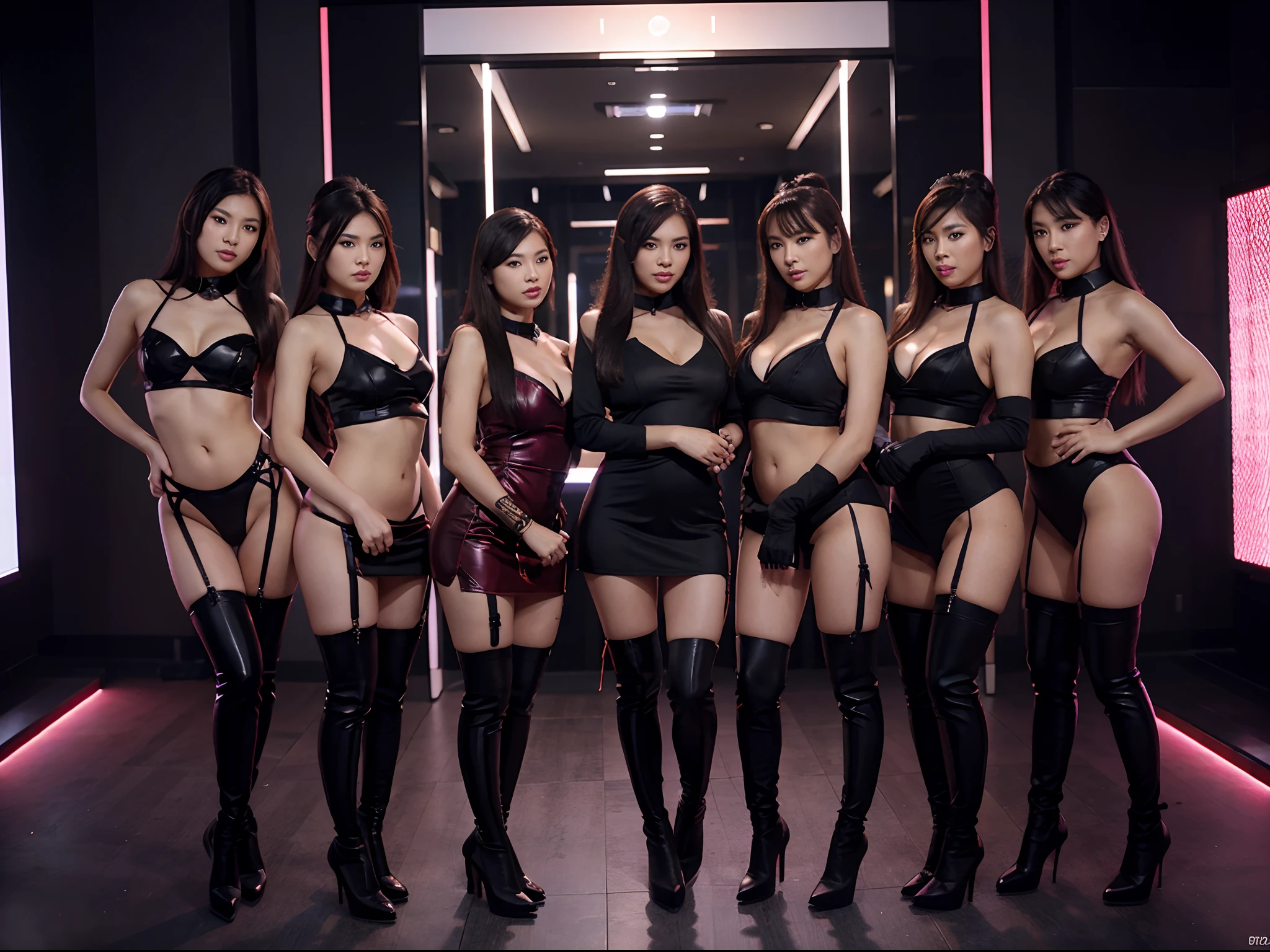 Sexy asian girlsband, sexy body pose, seductive, touching eachother, inside the nightclub, dancing, sexy, wearing elegant minidress, traditional dress, collar, corsait, stockings, garter belt, high heels, very long boots, high boots, long gloves, ponytail, colorful lipstick, long hair, full body shot, restored faces, very detailed faces, beautiful face,