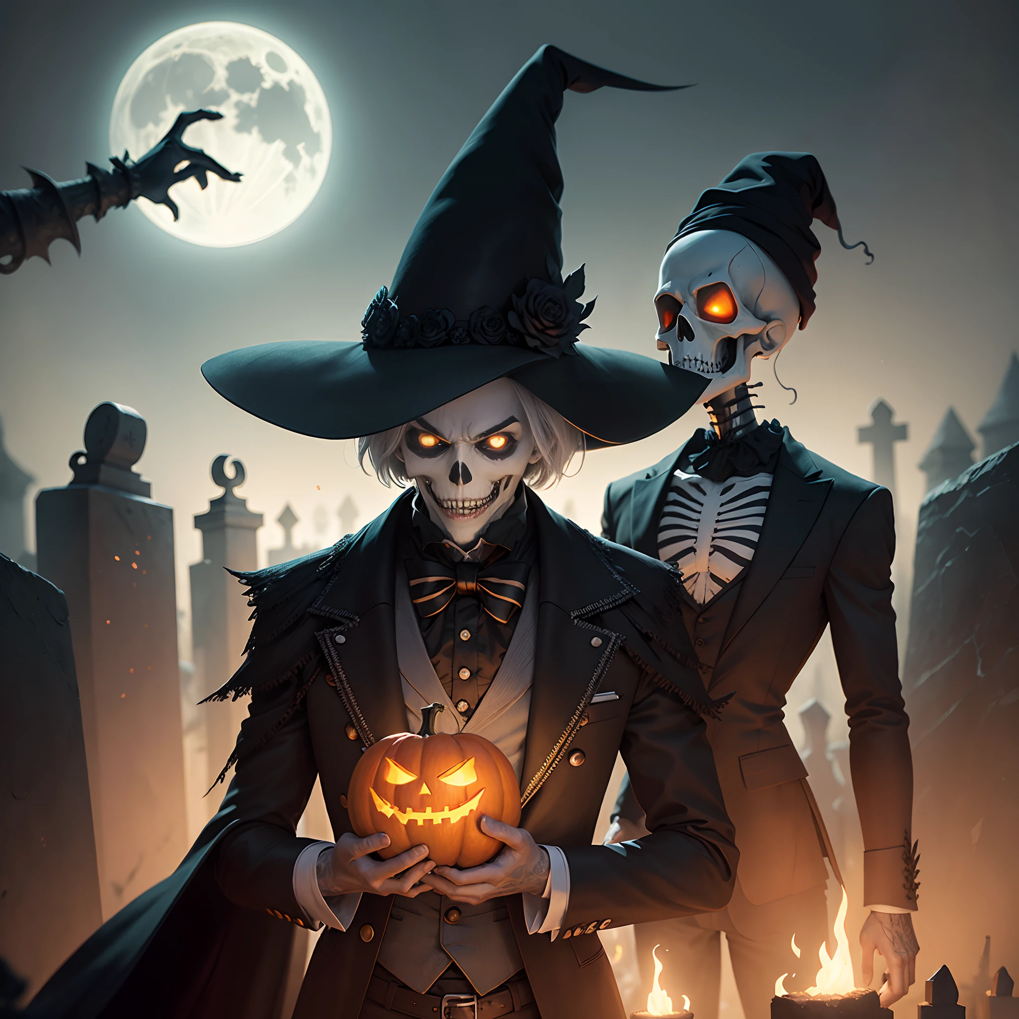 Representa a Jack Skellington, el Rey Calabaza, con su traje de esmoquin a rayas en medio de un retorcido, Gothic setting. Jack se encuentra en un cementerio oscuro cubierto de niebla, con alto, Thin tombstones slanted at odd angles. La luna llena brilla con un resplandor plateado en el cielo estrellado. Jack se para en el centro de la escena, with an intriguing expression on his skeletal face. Sostiene una linterna de calabaza que emite una luz verde brillante y proyecta sombras espectrales a su alrededor. On nearby headstones, Graba inscripciones curiosas y oscuras. The ground is covered with, hojas crujientes, y en la distancia, en las sombras, puedes ver a los extravagantes habitantes de Halloween Town, como Sally, el hombre del saco, y el Payaso Bola de Nieve. The atmosphere should convey the haunting and enchanting spirit of Tim Burton's 'The Strange World of Jack'."