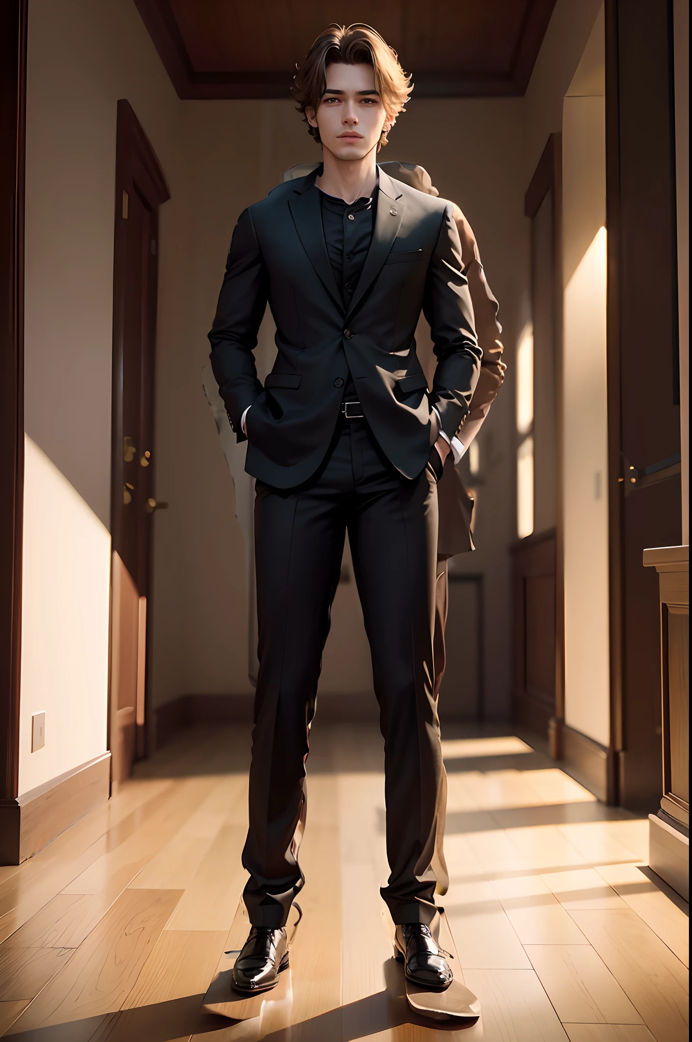 wearing an all black suit