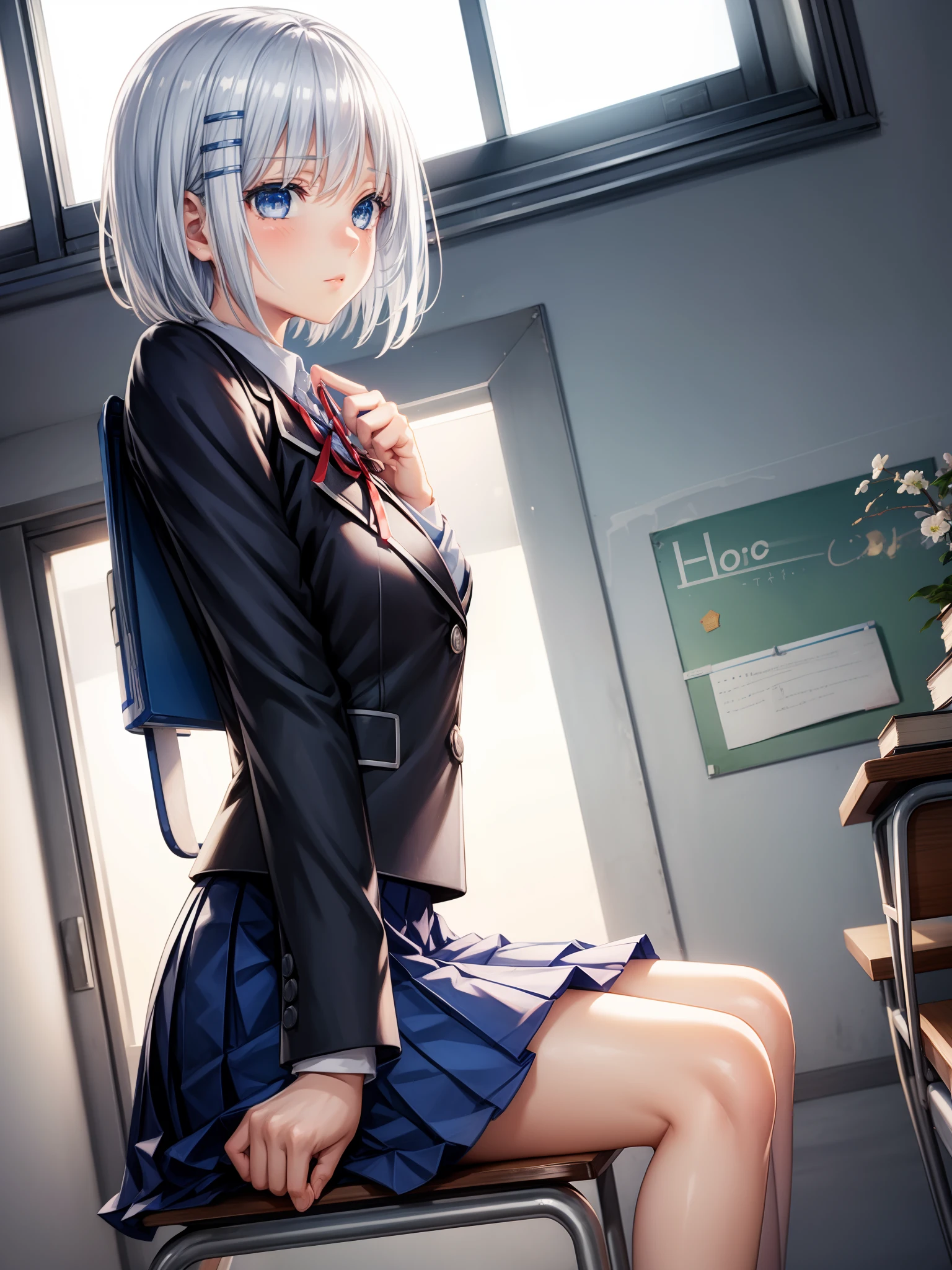 1girl, blazer, blue eyes, blue skirt, book, chair, classroom, desk, from side, indoors, jacket, open book, pleated skirt, reading, school desk, school uniform, short hair, sitting, skirt, solo, white hair