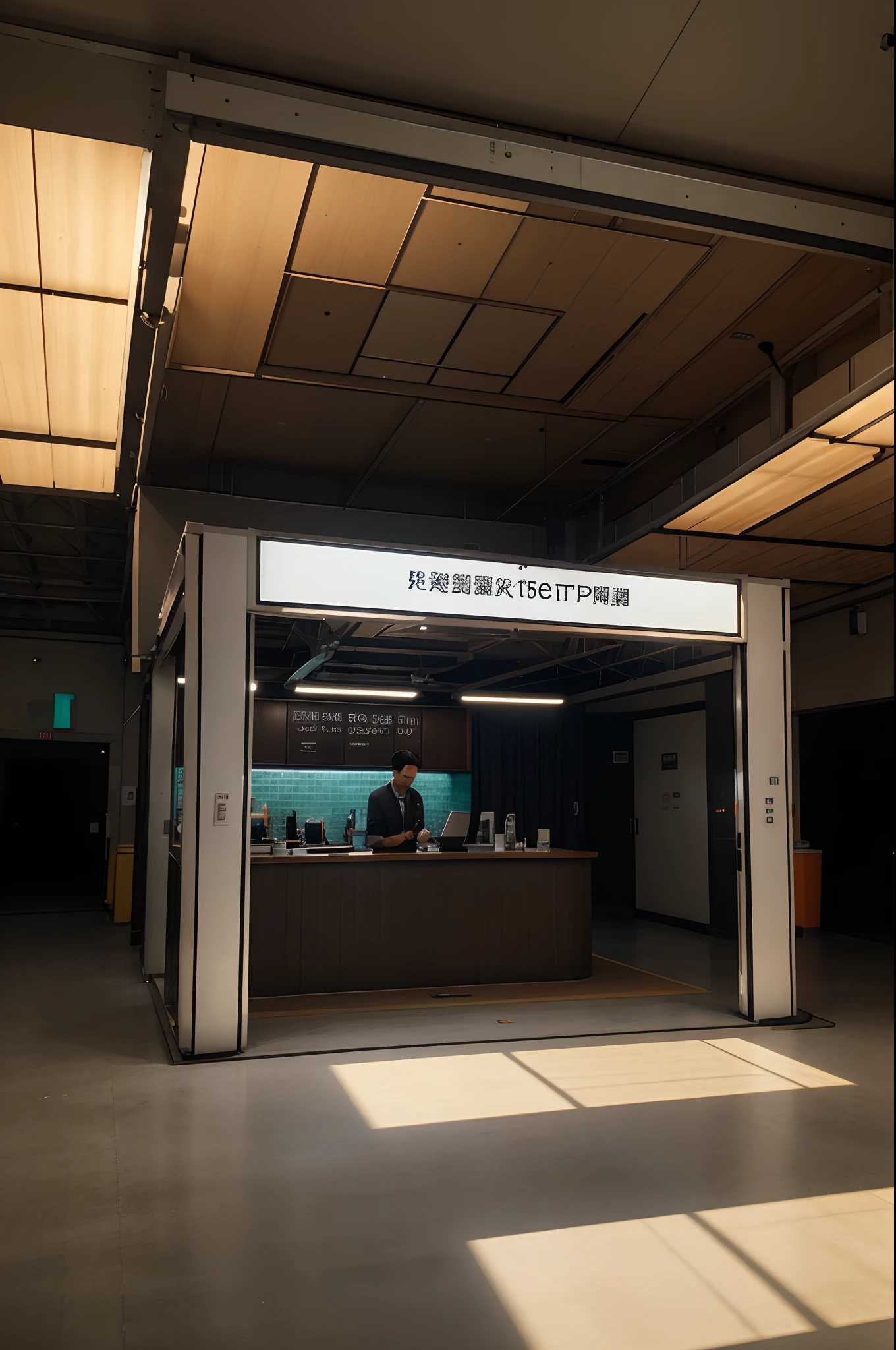 Booth design 160 square meters, There is a sign on the lintel at the top of the dairy stand+Company name: Three-dimensional glowing letters, The overall shape is streamlined、Arc、Straight curve combination、Diagonal pull, contortion, Scattered, Split-level chamfer, A meandering transition 、Square chamfer、The top seal does not exceed 35%, Irregular type, etc, Top truss frame cloth lamp, suspended ceiling, Level, The main color is orange-white, {（Graphic lightbox）、The sample display cabinet is combined with the support structure group N}, complexdetails, Dark background for indoor exhibition hall。 Interior lighting of exhibition venues, Local spotlight, Downlight, LED large screen TV, The concrete floor of the pavilion has floor reflections, Reception Several character models, Put a few pots of greenery to decorate, LED strip light, High quality carpets are laid on the floor, Hyper-realistic, cold shades, 3D rendering Vray renderer HD 4k 8k, Leica camera, Simulate realistic photo effects, in a panoramic view, wide angles, long-focus, Subjective angle camera angle