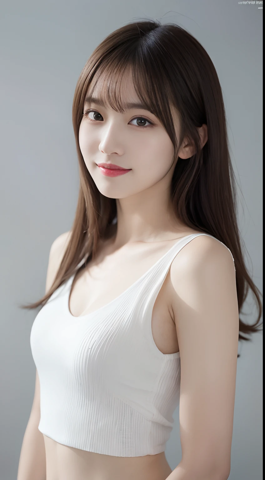 one-girl，Look in front of you, fine clavicle，long whitr hair，cropped shoulders, underdressing，Harnes，Squeeze out the chest，Bigchest，low chest，Super V-neck，exposing your navel，(8K, RAW photography, top-quality), (hentail realism, Photorealsitic: 1.37), one-girl, A smile、profesional lighting, physically-based renderingt, excellent quality photos,(clearface), (Detailed face description), realisticlying, extreme light and shadows，Pale color background，Full body photo，Frontal photo，long leges，high-heels