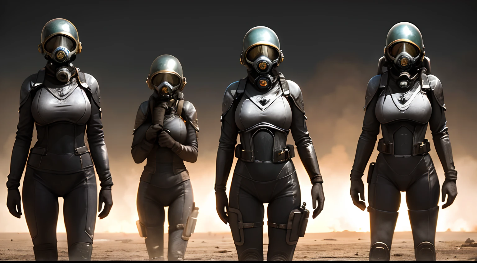 A group of gas mask women in tight metal suits on the barren lunar surface,Exploding silver ship,The background is pitch black,detail-rich,Ultra photo realsisim,Waste soil style,Dull old photos