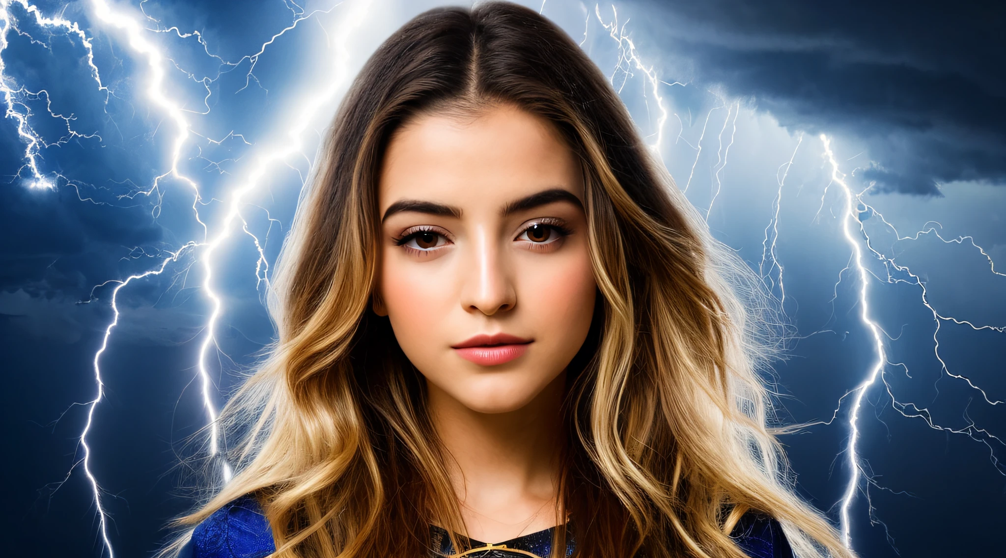 Girl child , Russian ruivas in braids, com roupa de jaqueta de couro blue, fundo storm, ride into the storm, thunderbolt.