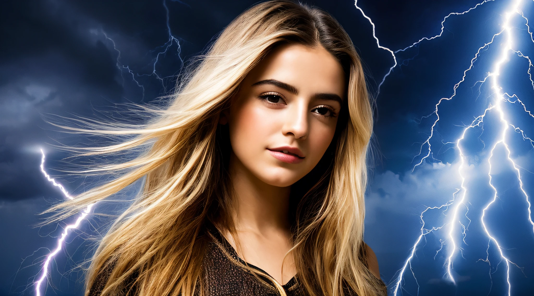 A CLOSEUP OF A GIRL BLONDE CHILD LONG STRAIGHT HAIR, em um vestido segurando um giz de cera, little girl with magical powers, she is attracting lightnings, splashes of lightning behind her, Professional studio lighting, lightning fantasy magic, magic lighting overlays, maya ali as a lightning mage, with lightning bolts, with lightning bolts, efeitos de raios, eletrizante, magic and lightning, lightnings
