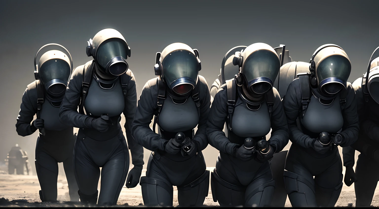 A group of gas mask women in tight metal suits on the barren lunar surface，Exploding silver ship，The background is pitch black，detail-rich，Ultra photo realsisim，Waste soil style，Dull old photos