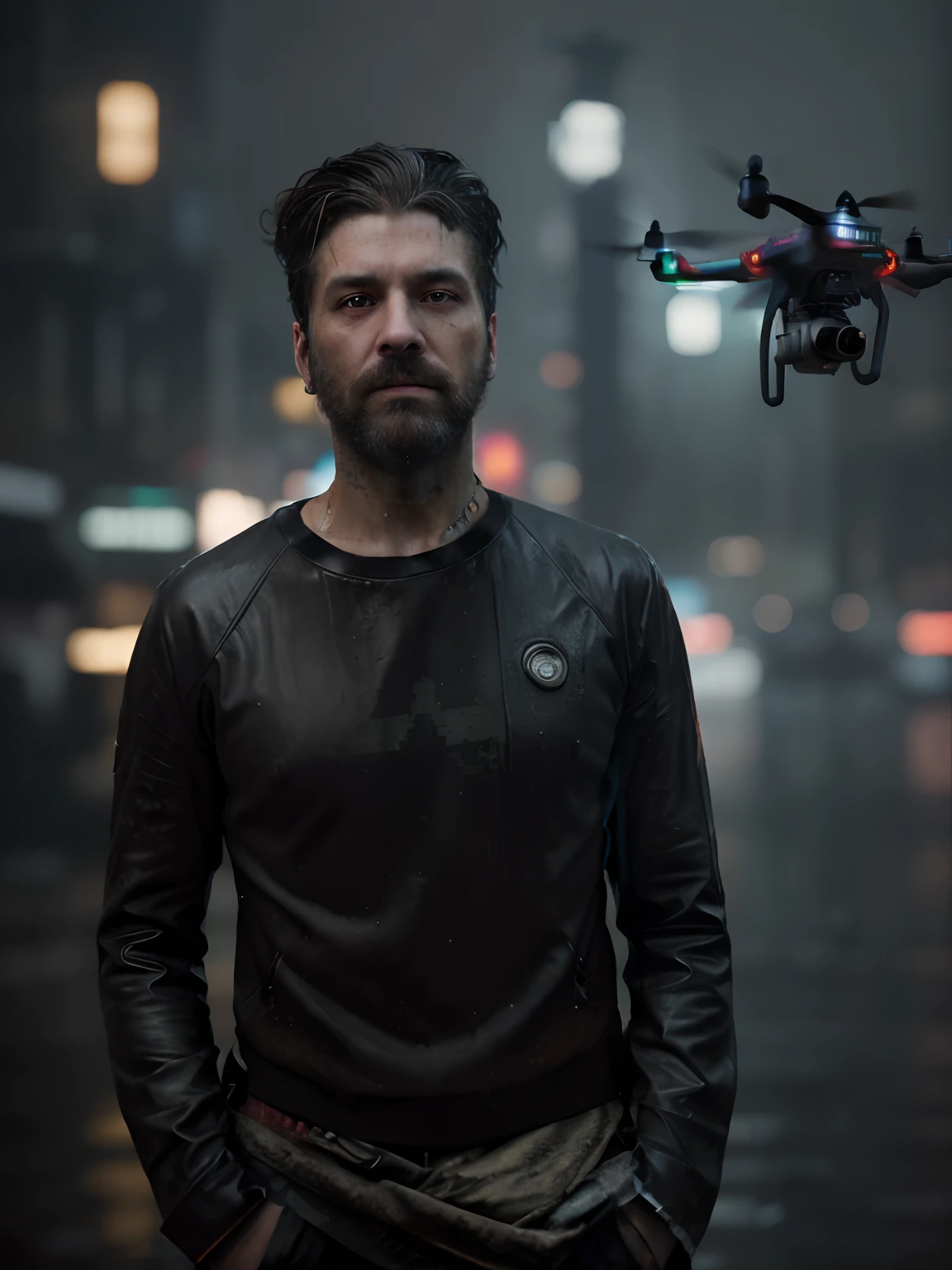 masterpiece, high detail, trend in art station, realistic, detailed face, in general, a photo of a cyberpunk private detective, beard, dark hair, dirty, drone, Blade Runner city, neo lights, dark, rain, night, CRU, canon r6, general plan, sharp, blurred background, rule of thirds, dramatic lights, dark shadows