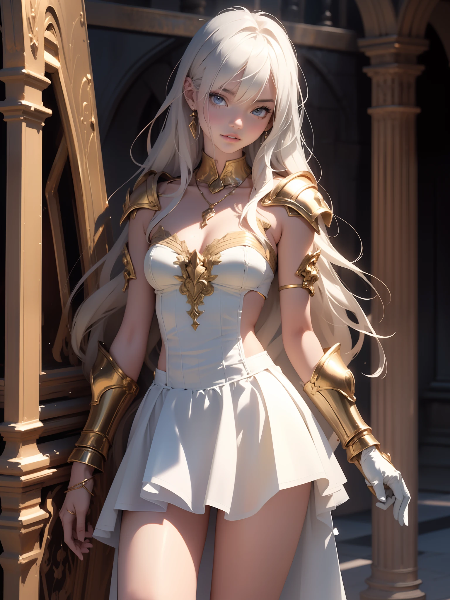 Cute girl in fantastic surroundings, with detailed armor and weapons, High-resolution rendering with realistic textures, Number of storeys and lighting, makeup, mascara, The lips are soft or colored, plain black background, minimalism, monotonous, Simple color palettes, puro, Clear design, Flowing silhouettes, skirts, skirts, Simple dresses, Sbikini, asymmetric, geometric, Elegant and luxurious materials and design, simple, Minimum accessories, Necklaces and thin rings made of silver or gold, Simple bracelets, Distinctive design, Simple silhouettes, Simple and sophisticated style, elegance, minimalism, High-quality materials, haute couture, Simplicity and sophistication,