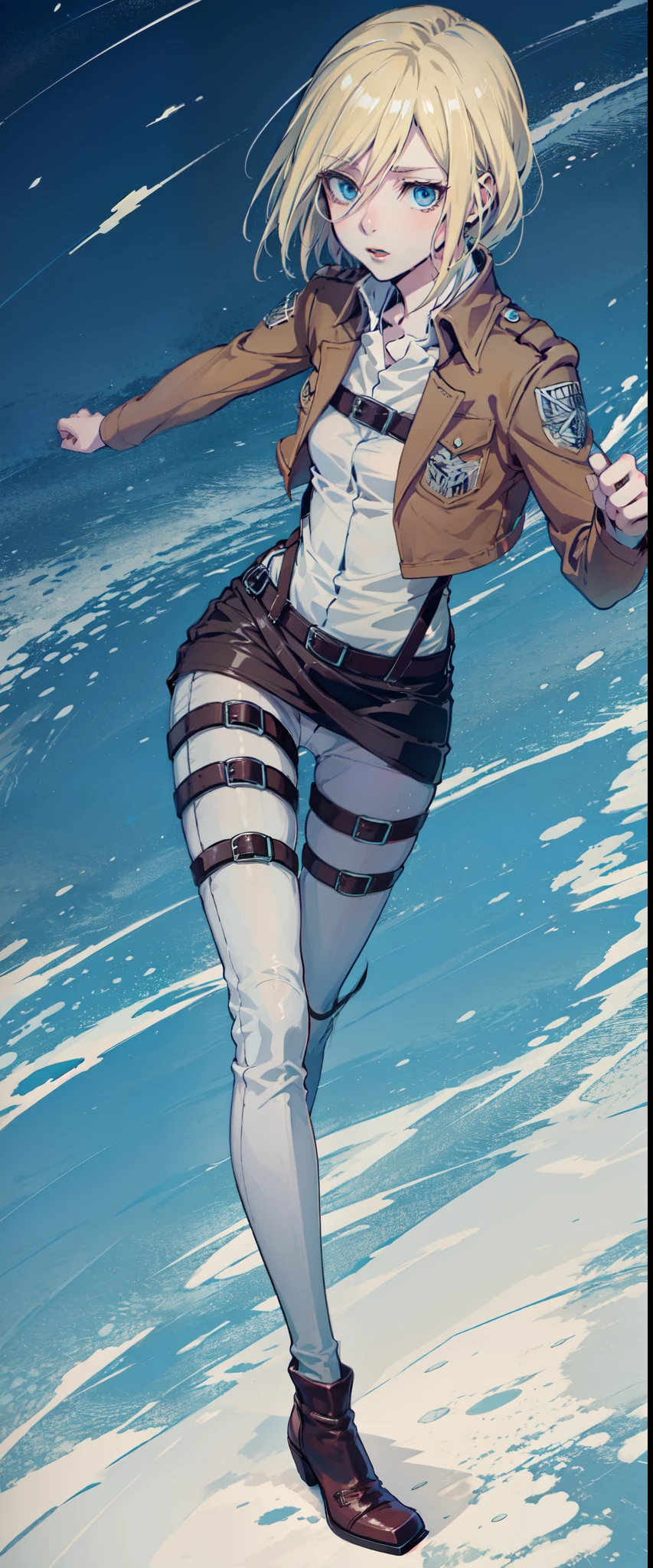 Christa renz, blue eyes, blonde hair, short hair,  slim legs, cleavage, slim waist, narrow waist, attack on titan, happy, short skirt, navel