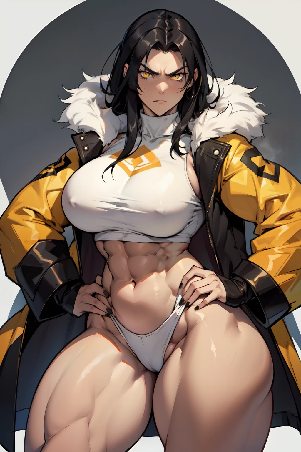 1girl black hair yellow eyes very long hair pale skin angry (((muscular toned body thick thighs large breasts curvy wide hips))) (fur coat) bodybuilder