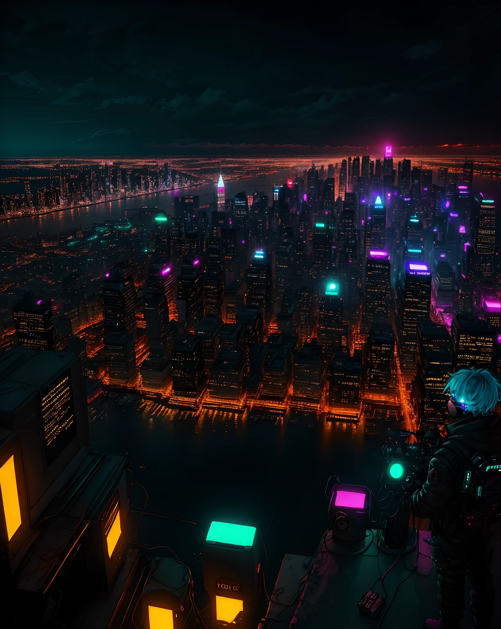 cyberpunked metropolis neon color with light glowing 8K Sateen early evening youtuber colourfull magnificent view depth overlooking a city blue hairs realisitic From a high position