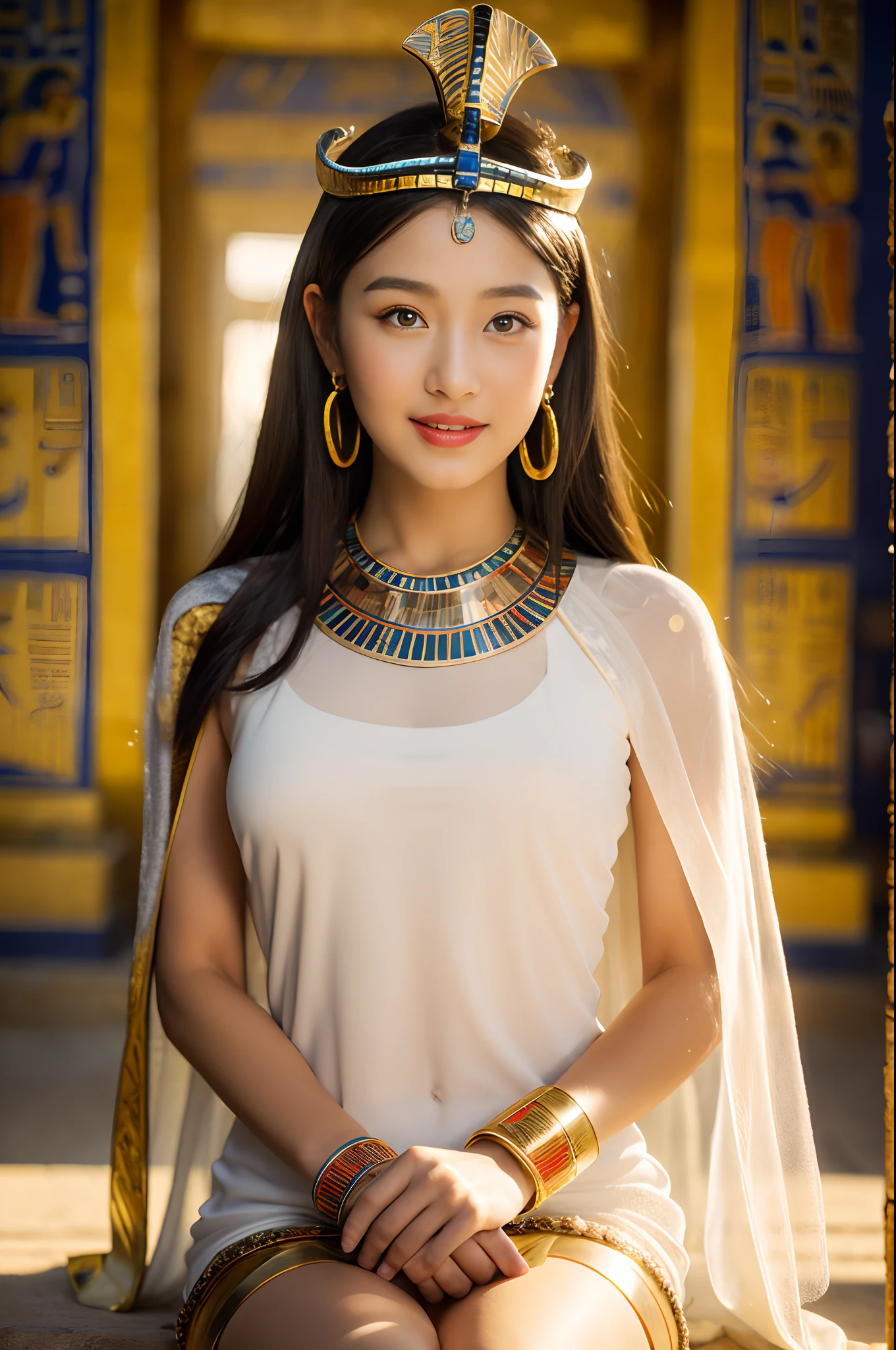 (((ancient egyptian Kalasiris))),(((ancient egyptian queen headpiece))),(((bib necklace))),(((bare inner thigh))),(((bangle))),(((ancient egypt traditional white sheer fabric cape))),ulzzang-6500-v1.1, (Raw photo:1.2), (Photo realistic:1.4), a beautiful detailed girl, extremely detailed eye and face, beautiful detailed eyes, ultra-detailed, High resolution, top-quality, ​masterpiece, highly detailed, 8k wallpaper, Wonderful, finely detail, top-quality, Light on the face,电影灯光,1girl in,(ancient egypt pyramids and sphinx),Beautiful eyes,smile,Opening Mouth