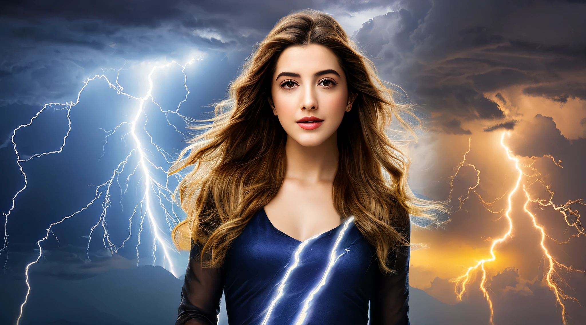 UM CLOSEUP KIDS BLONDE LONGO CABELO LISO, em um vestido segurando um giz de cera, little girl with magical powers, she is attracting lightnings, splashes of lightning behind her, Professional studio lighting, lightning fantasy magic, magic lighting overlays, maya ali as a lightning mage, with lightning bolts, with lightning bolts, efeitos de raios, eletrizante, magic and lightning, lightnings