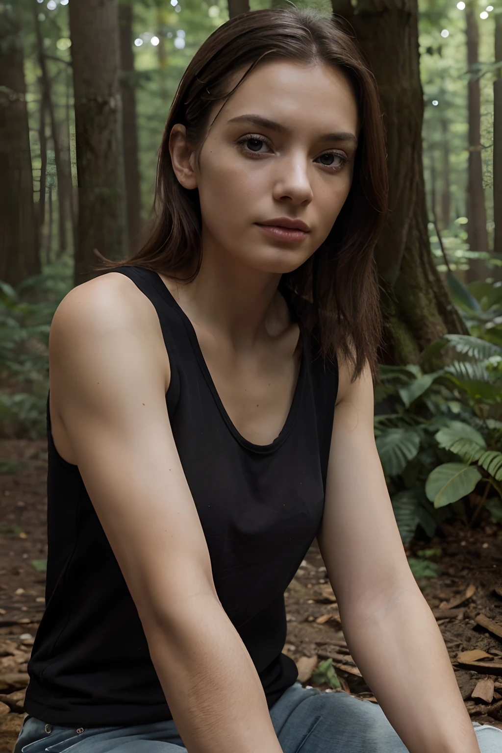 photorealistic short haired goth girl lost in the woods, naked, very small breasts, from below, squatting over camera, spread, hires