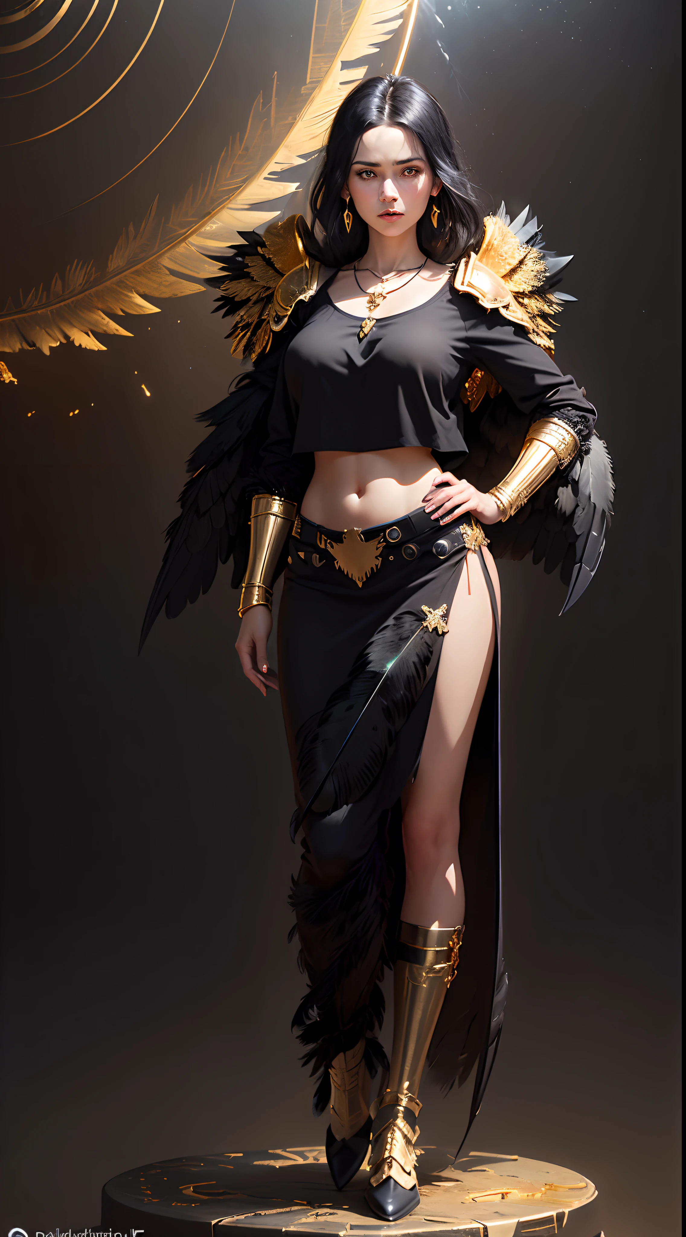 (full-body standing image:1.8),looking at the viewer, (Sacred Pose), (hyper realistic:1.4), (realistic:1.3), (best quality real texture skin), (Lord's Hell Demon female Warrior: 1.6), ((beautiful face)),perfect face, ((medieval world)), (Full body armor with delicate decoration: 1.8 ),Majestic thunderclouds and sky with shining lightning: 1.4), (halo optical phenomenon:1.3), Dramatic Light, majestic sight, (((Large wings with Jet black feathers with a golden edge:1.7))), Glass earrings , (purple black hair), (simple exquisite necklace), temple ruins with clear water, detached temple, (Luminous magic circle), highly detailed, ultra-realistic, intricate details, painting (artwork), ((masterpiece, best quality)),hyper realistic, fearsome, dark fantasy, Sacred Light, epic realistic, faded, ((neutral colors)), art, (hdr:1.5), (muted colors:1.2), hyper detailed, (art station:1.5), cinematic, warm lights, light effect, (intricate details:1.1), complex background,