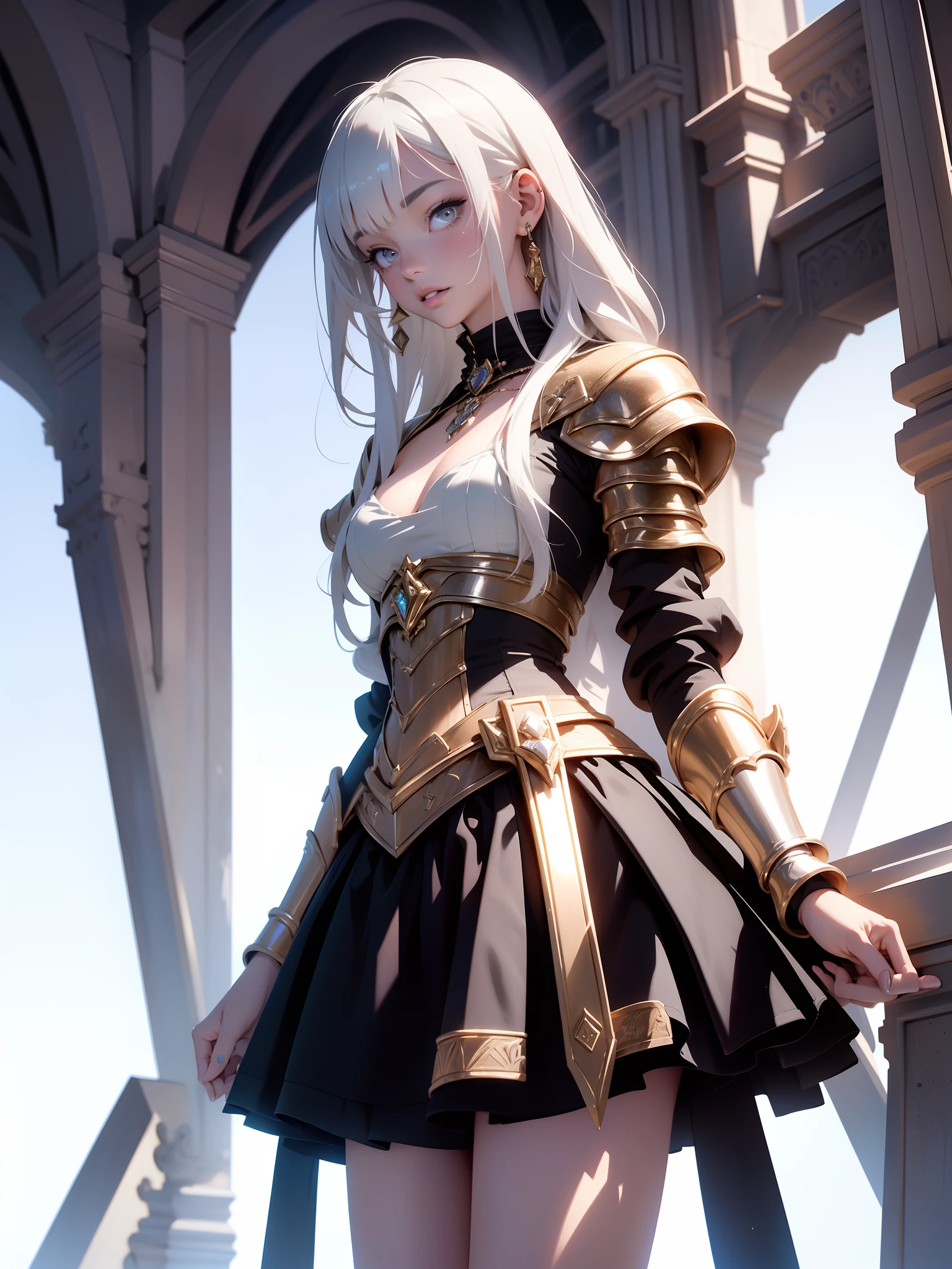 best quality, masterpiece, 1 girl, long silver hair, yellow eyes, clothes medieval style, clothes with leather shorts and white shirt with details in metal, looking up, full body ,Fair skin,side braids, short sword in hand