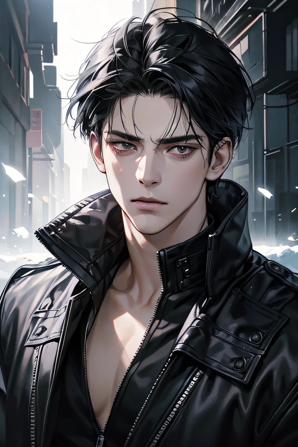 (best quality detailed image beautiful image 8K photorealistic dramatic lighting 1:1) (digital art digital illustration) (camera focused on face) (cold colors dim lighting) Art Manhwa 29 year old man very handsome black hair black clothes black eyes (piercing gaze cold expression perfect face perfect lines) walking in a chaotic dystopia setting