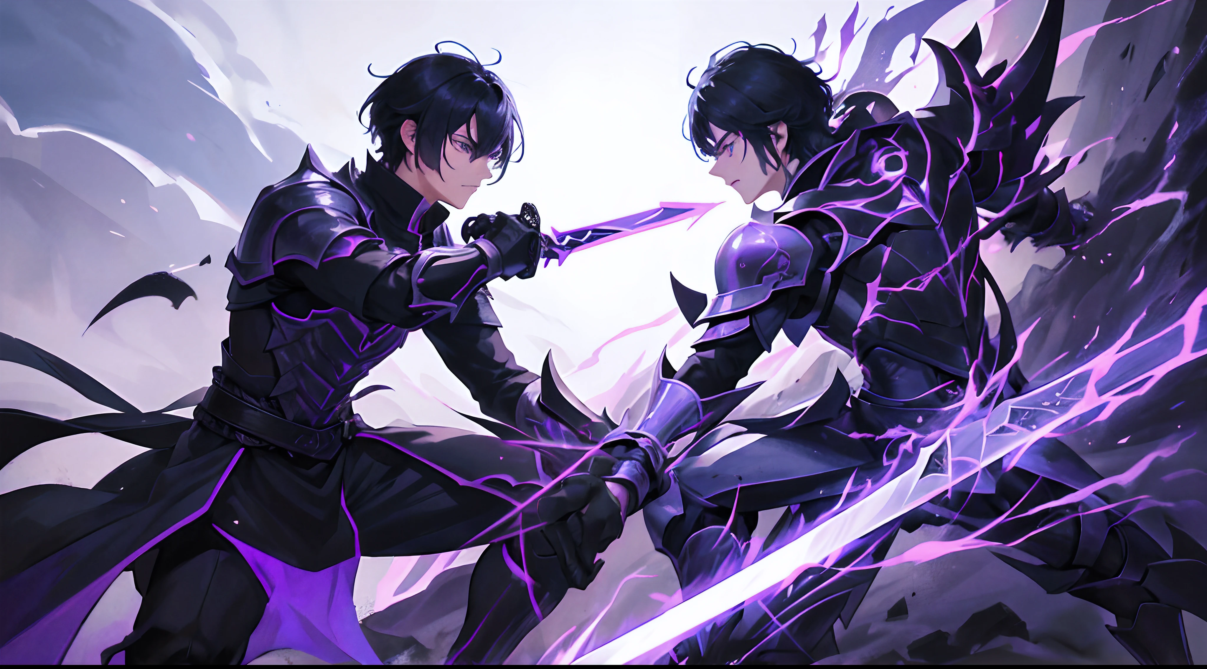 Asian Human with blue eyes and black haired, wearing dark purple arnor fighting a demon-like human with dark aura and purple eyes Male with black armor , Full body, Cinematic shot , 8k Quality , weilding greatsword, clashing swords, sword clinging duel,badass, wearing black armor, black auras, best quality