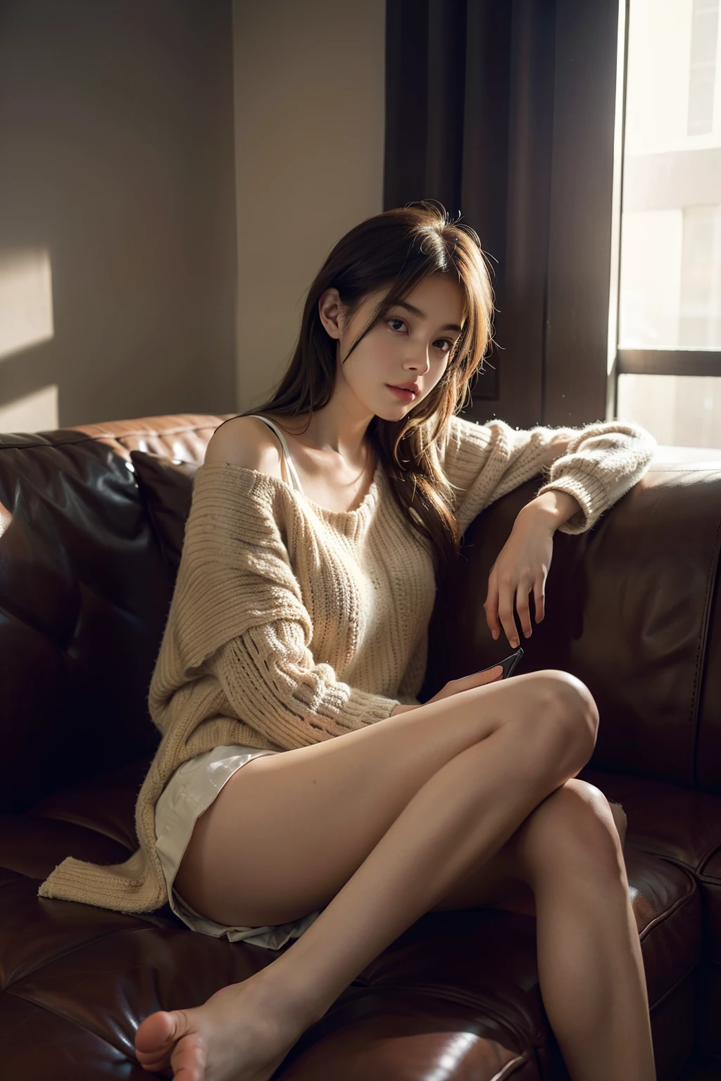 1girl in,Sitting on a cozy sofa,cross one's legs,Soft light