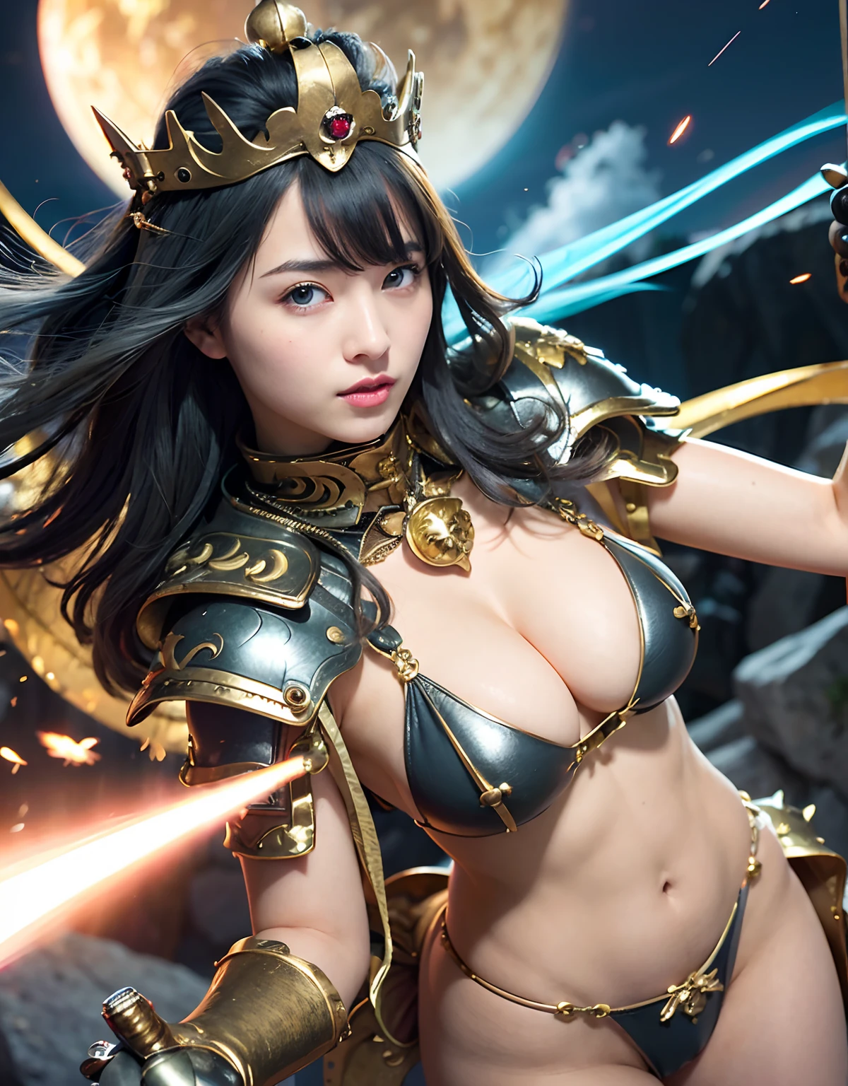 Professional , masterpiece、top-quality、photos realistic , 、top-quality、超A high resolution、(Photorealsitic:1.4)、Raw photo、depth of fields (Gemstone Gold Metal Body:1.9),(Matte White、Toostock、heavy breasts、(cleavage of the breast)、(((Micro Bikini Armor))),(Detailed Dragon Armor)、(Have the strongest weapon)、((Random Hairstyles 1.6),Dark Fantasy,)explosions、intense fighting、(Precipitous cliffs),Dragon Gold Weapon,Mystical expression、Particles of light、Fight dragons、(Detailed Dragon Helmet),Gorgeous Silver Weapons ,(( Dragon's dense and gorgeous sword)) , Beautiful knife ,warhammer 40k ,Detail and gorgeous crown、((Blue hair))、(Castle background)、、((Gangle's forest background))、Beautiful Caucasian beauty、1a person、dynamic ungle,(((With detailed shielding)))、Smaller head、A smile、Castle background、Thin and beautiful female hands、cleavage of the breast、Soldier in iron armor on background、Mystical expression、Light Effects、intense fighting、Wind-effect、magic circles、With the legendary magic wand、(demonic wings)、Toostock、