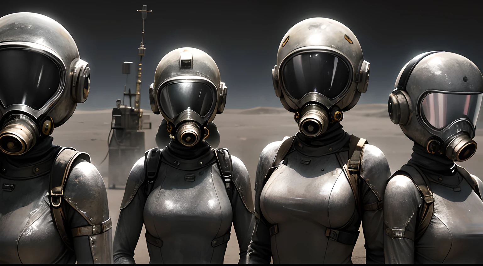 A group of masked women in silver tight metal suits on the barren lunar surface，Gather in a circle，Silver ship，The background is pitch black，detail-rich，Ultra photo realsisim，Nostalgic wasteland style，Dull old photos