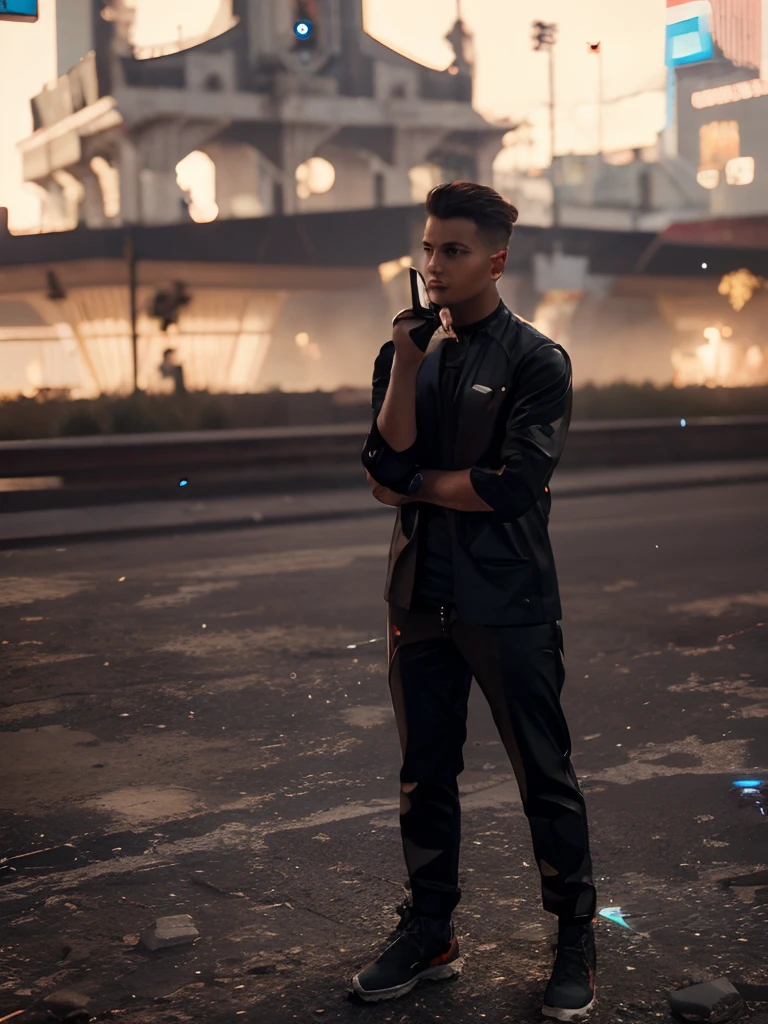 Boy with coffe futuristic background cyberpunk handsome, realistic face, 8k ultra,