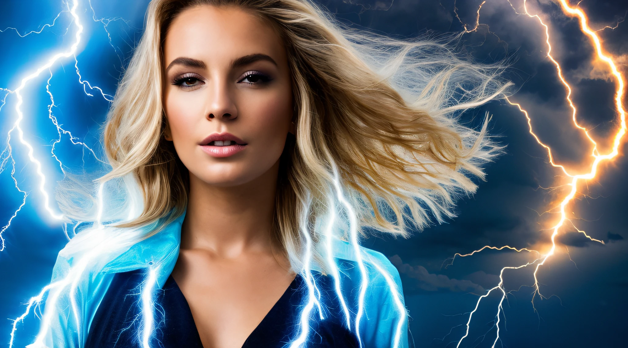 UM CLOSEUP KIDS BLONDE LONGO CABELO LISO, em um vestido segurando um giz de cera, with magical powers, she is attracting lightnings, splashes of lightning behind her, Professional studio lighting, lightning fantasy magic, magic lighting overlays,  like a Lightning Mage, with lightning bolts, with lightning bolts, efeitos de raios, eletrizante, magic and lightning, lightnings