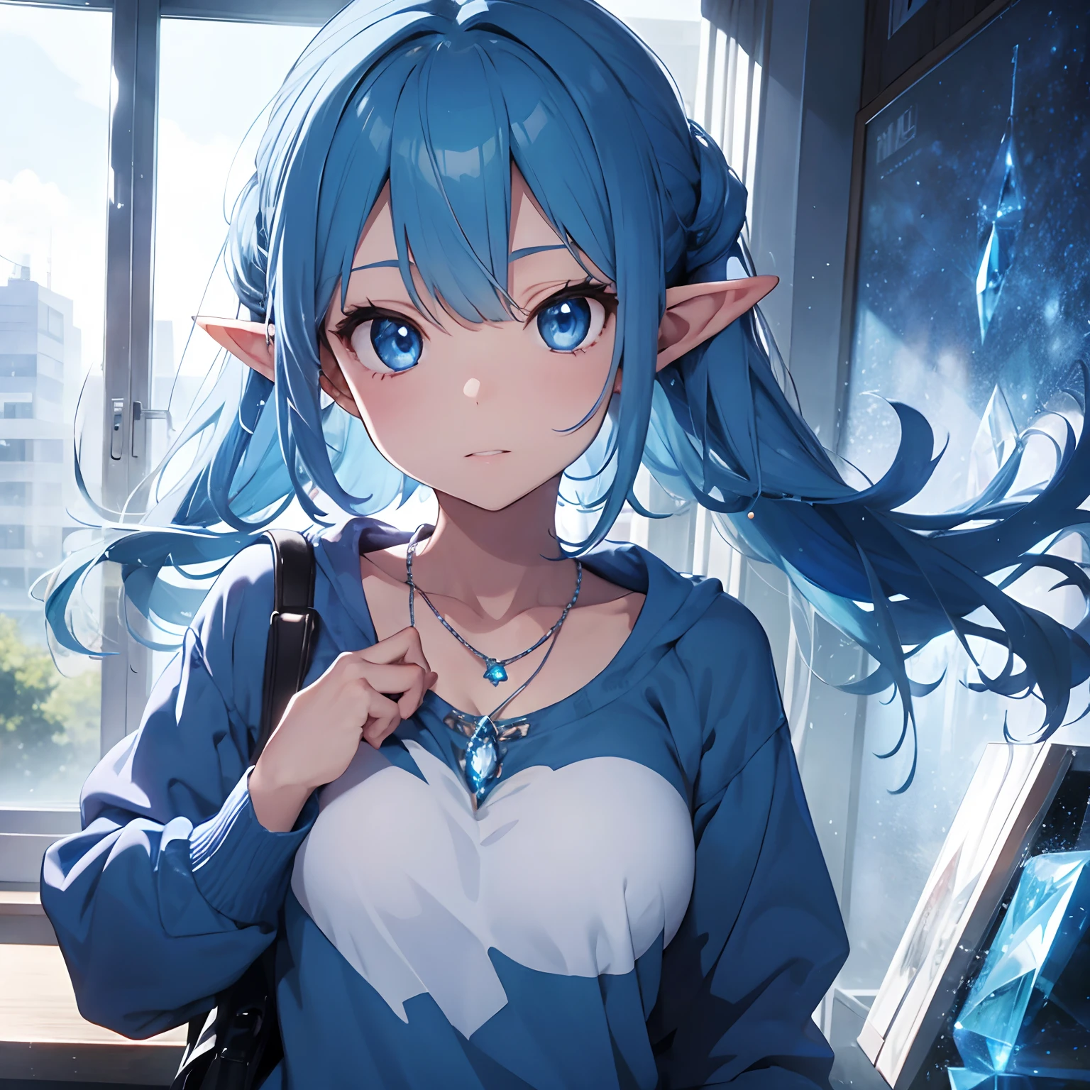 Elf with blue hair, blue eyes, crystal necklace, blue sweatshirt, 4k anime