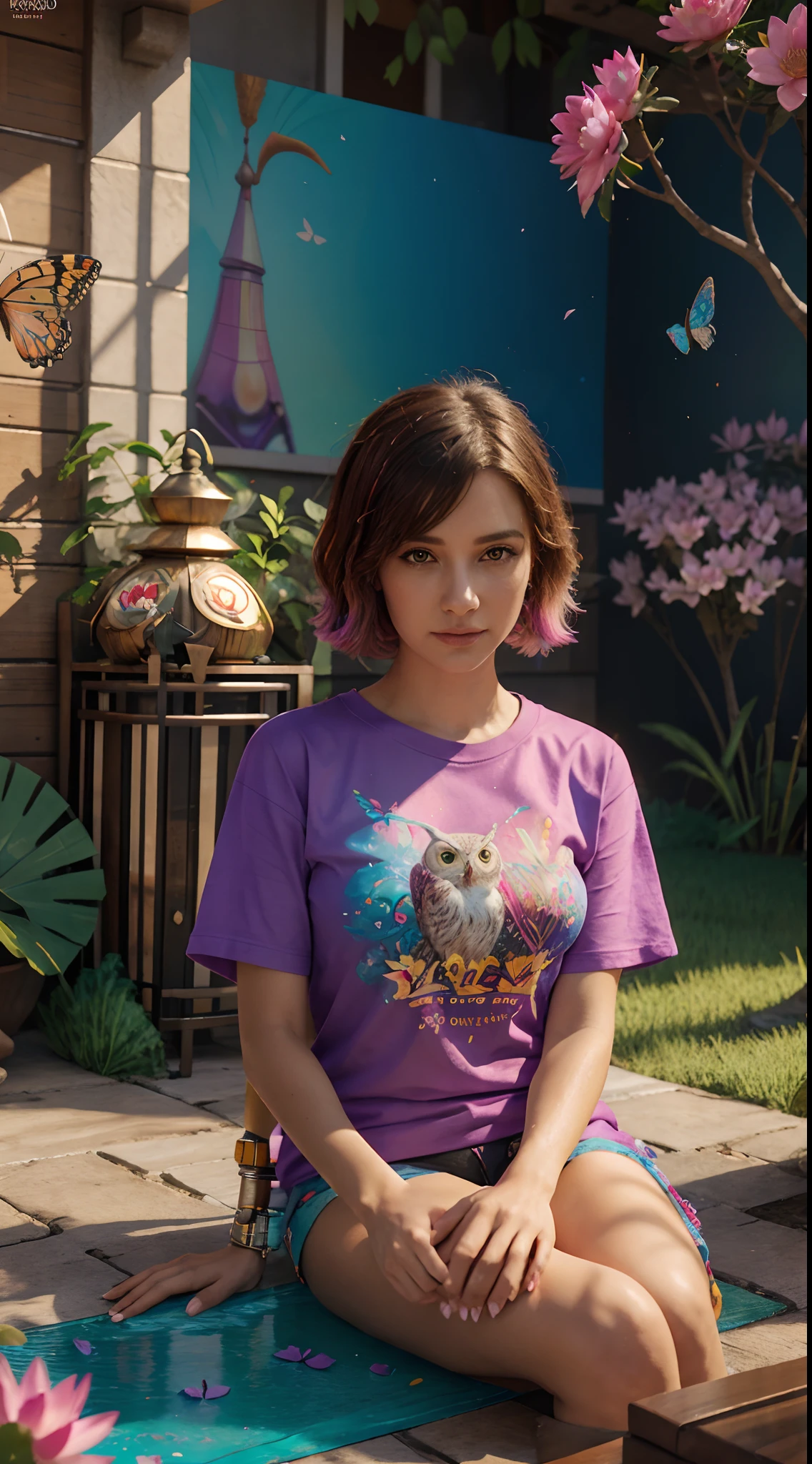 "Sylvana" name written out in the background colorful 3d painting splashes and colorful butterflies, owl sitting in front of background for t-shirt, fantasy art, sci-fi, 3d render lotus flower poster