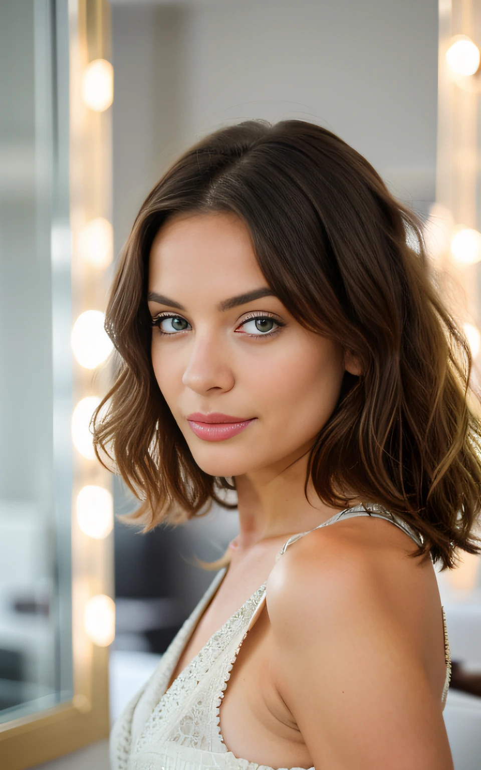 Belle brune portant un pull beige clair (Nail care in a modern beauty salon), Very detailed, 21 ans, visage innocent, natural wavy hair, yeux bleus, High resolution, Masterpiece, Best quality, Intricate details, highly detailed, mise au point nette, detailed skin, realistic skin texture, texture, detailled eyes, professionnel, 4K, sourire charmant, filmed on Canon, 85 mm, faible profondeur de champ,  Couleur Kodak Vision, perfect fit body, Extremely detailed, photographier_\(ultra\), photoreallistic, Realstic, Post-traitement, maximum details, roughness, real life, ultra realist, photorealism, photographie, 8K UHD, photographie, travail, bureau