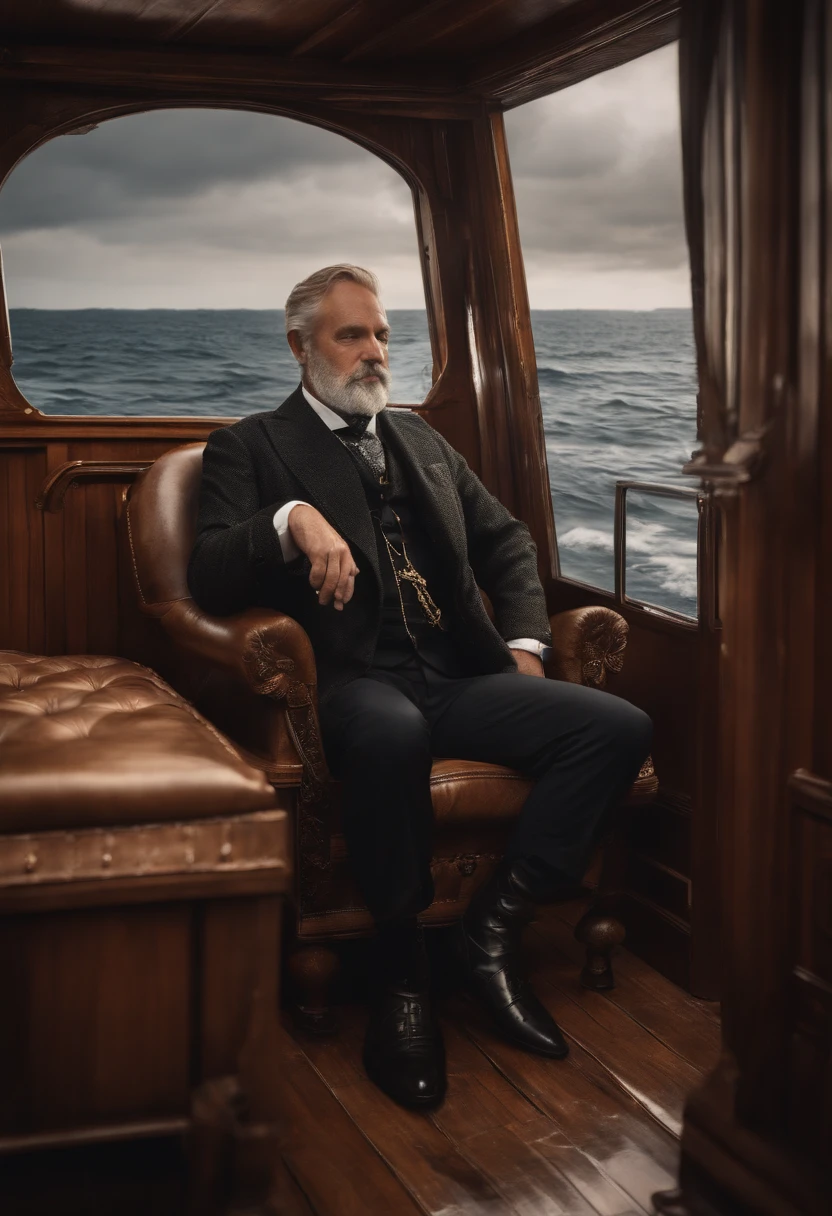 Vieux monsieur avec une barbiche,Sitting on a chair,dans la cabine d'un bateau, with a background on the ocean, Les yeux regardent les bottes,Bottes de pluie noires brillantes, 8k resolution,Wallpaper Masterpiece,Best quality,digital painting,Very meticulous,ultra high quality