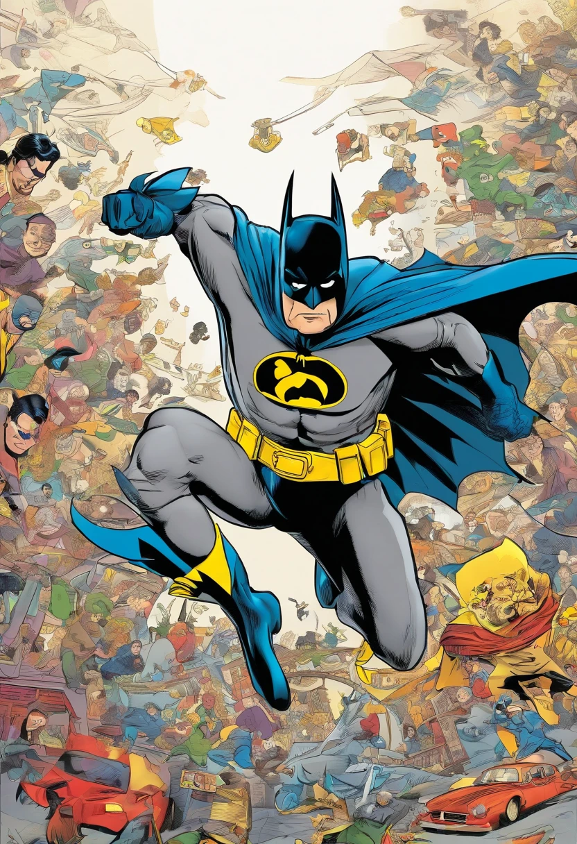Batman, from front, super fine, lower body shot, middle-aged man, hunk, looking down and mouth wide open with shocked face, Batman's crotch get pinched by many people, Batman's crotch squeezed by many people,