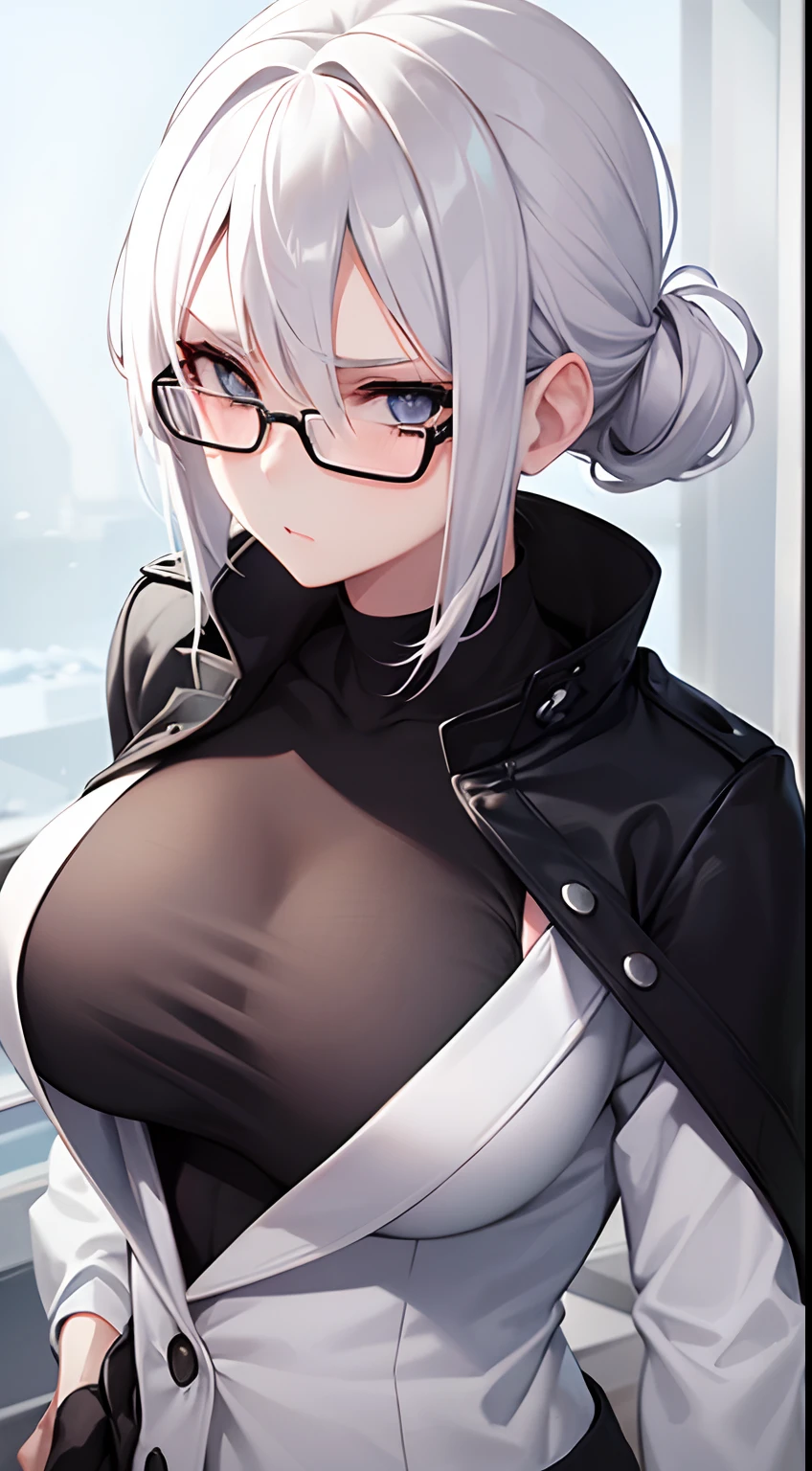 1 girl, white hair, hair tied back, big breasts, sexy body, serious face, wearing glasses, wearing a black coat