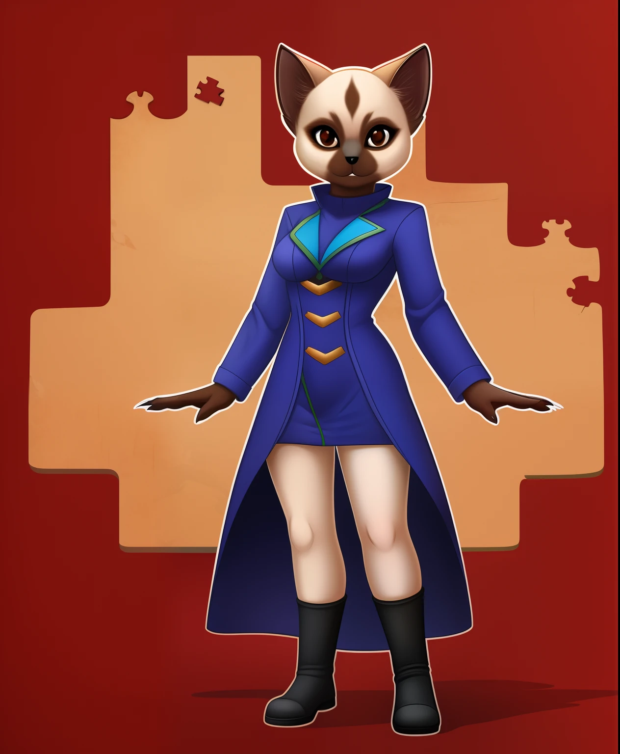 Cryptic Claw the female Siamese cat supervillain, jigsaw puzzle dress, full body view