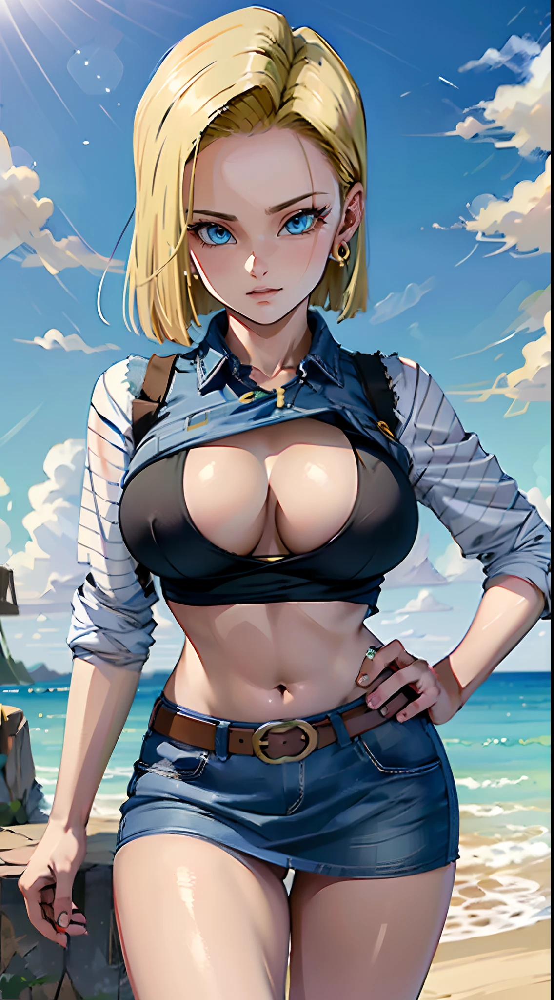 imagem hiper detalhada, UHD, 16k, foto profissional, (Foto realista do Android-18 de Dragon Ball Z) deusa da beleza, cabelos loiros curtos muito lisos, severe facial expression, ((Ela usa uma jaqueta jeans azul e uma camisa branca cropped, Short white underground showing breast meat)), Erotic, jaqueta jeans aberta mostrando sua impressionante, Seios grandes lindos e perfeitos, ((natural sagging breasts, seios, seios longos ultra gigantes pontiagudos saindo da jaqueta)) seios cheios, corpo grande magro, Curvy, pert bunda, ela usa um cinto e um (((Raised blue denim skirt she doesn't wear panties, showing, pelos pubianos mostrando, lifting her skirt with her hand))), pernas grossas abertas, sorrindo mostrando fio dental preso , Flexible Body, Botas marrons, perfect hands and fingers,
Android 18, garota saiyajin sexy, She unleashes bursts of power, qual, Arte Oficial, Android-18 Sexy feminino, arte oficial do personagem, protagonista feminina sexy, corpo curvo, fino e tonificado, pernas abertas, exposto, micro fio dental enfiado nela :8, Aqualri Toriyama, Diretor: traits of Aqualra Toriyama, Bulma de Dragon Ball, Melhor Design de Personagens de Anime, Stroke style by Aqualra Toriyama, Cute single character, semi-, (great lighting) (, , pubic hair), ( No panties on display pussy)
