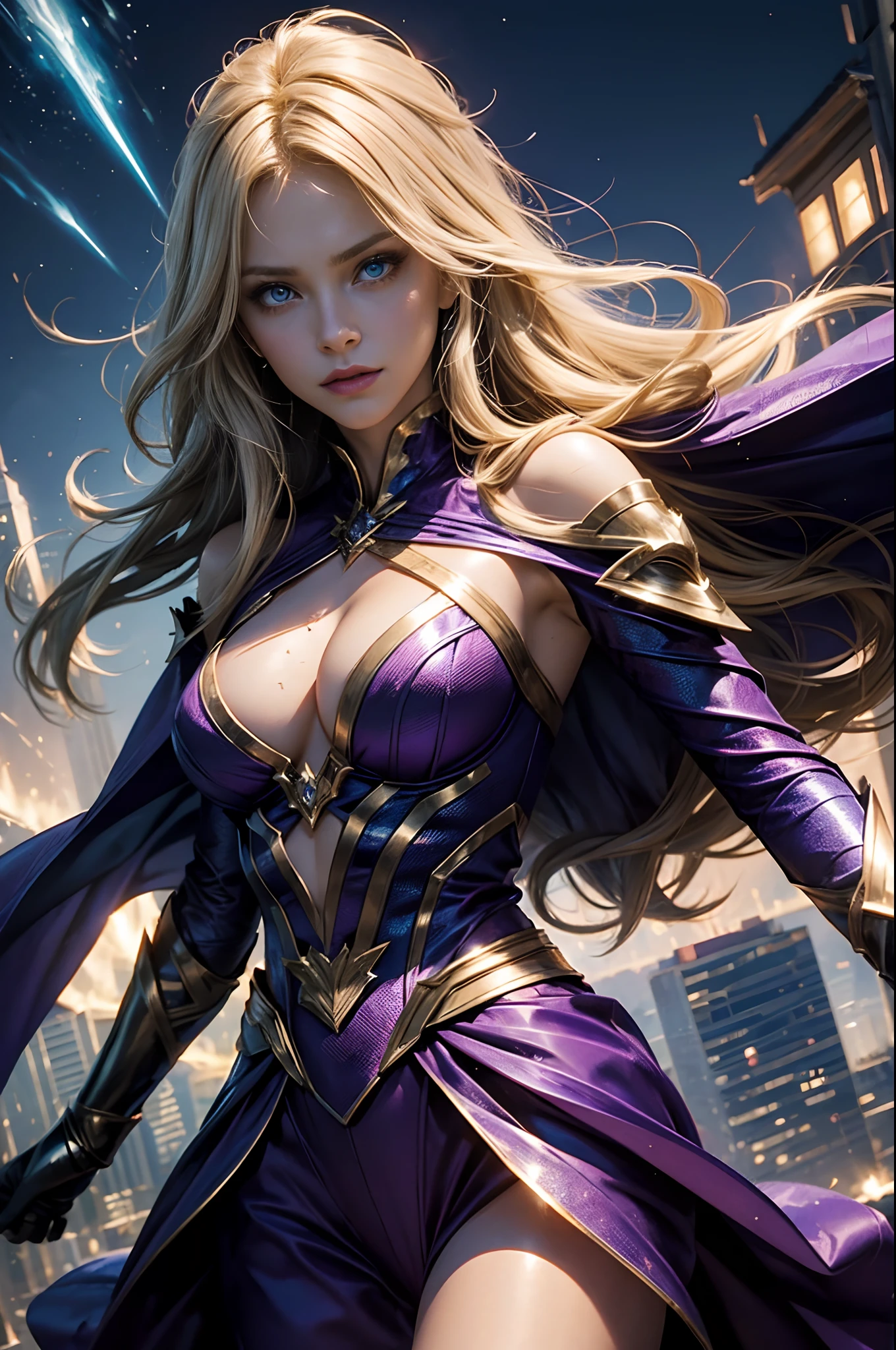 (magic:1.1, mystical, superhero, blond, dynamic, sexy, cleavage) [long blond hair], [sparkling blue eyes], [perfectly shaped body], (powerful, strong:1.1) [magic wand], [mysterious cape], (flying:1.1) [in mid-air], [dramatic poses], (intense:1.1) [spell casting], [bright energy beams], [magical artifacts], (epic battles:1.1), [city skyline], [explosions], (fierce:1.1) [facial expressions], [confident stance], [determined gaze], (beautifully detailed eyes, attractive facial features), purple outfit, cleavage