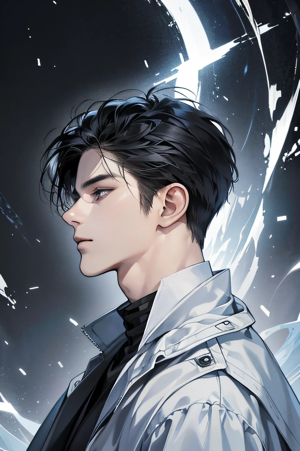 (best quality detailed image beautiful image 8K photorealistic dramatic lighting 1:1) (digital art digital illustration) (camera focused on face in profile) (cold colors dim lighting) Art Manhwa 25 year old man very handsome black hair white and black clothes eyes black people (dreamy expressionless look, perfect face, perfect lines) walking in a chaotic dystopia setting