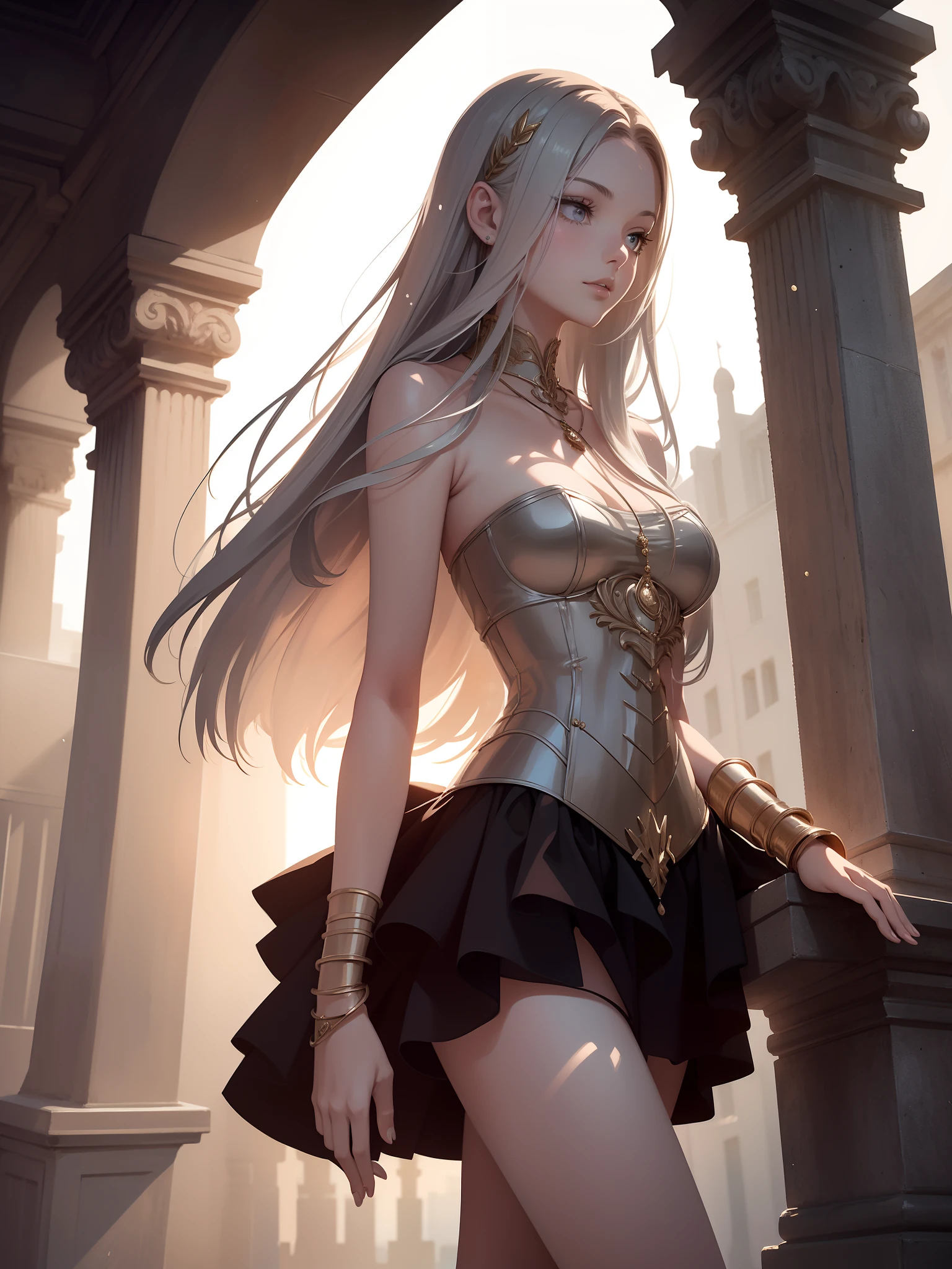 Cute girl in fantastic surroundings, with detailed armor and weapons, High-resolution rendering with realistic textures, Number of storeys and lighting, makeup, mascara, The lips are soft or colored, plain black background, minimalism, monotonous, Simple color palettes, puro, Clear design, Flowing silhouettes, skirts, skirts, Simple dresses, Sbikini, asymmetric, geometric, Elegant and luxurious materials and design, simple, Minimum accessories, Necklaces and thin rings made of silver or gold, Simple bracelets, Distinctive design, Simple silhouettes, Simple and sophisticated style, elegance, minimalism, High-quality materials, haute couture, Simplicity and sophistication,