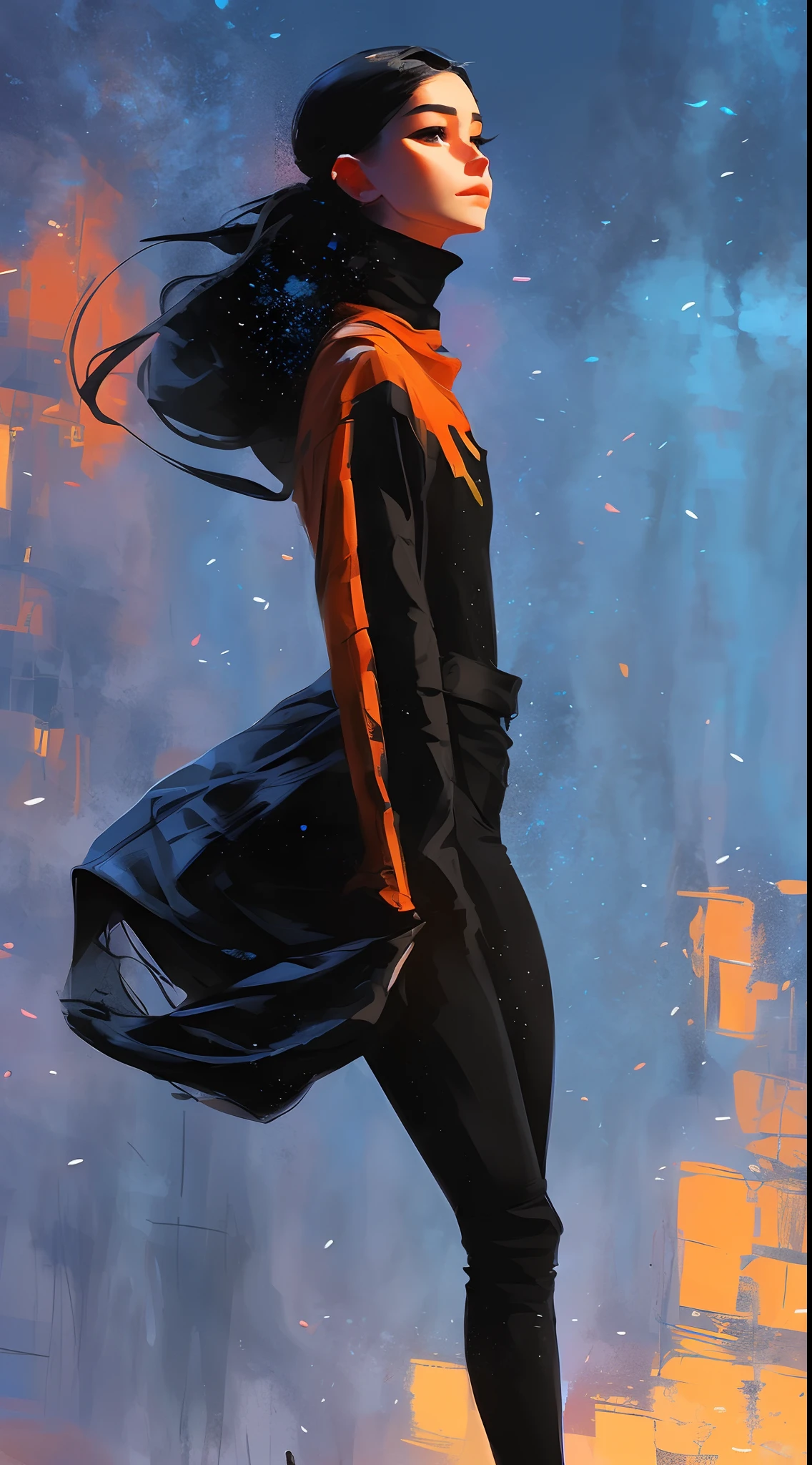 samdoesarts; full body portrait of one, a young ossetian woman, with colourful makeup, long black hair, (((black turtleneck, blue jeans))), by Jeremy Mann, matth�us merian the elder, Pino Daeni, robert rauschenber, by beksinski