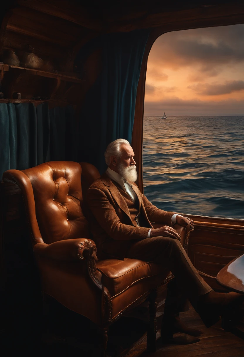 Vieux monsieur avec une barbiche,Sitting on a chair,dans la cabine d'un bateau, with a background on the ocean, regard fixant l'objectif,Bottes de pluie noires brillantes, 8k resolution,Wallpaper Masterpiece,Best quality,digital painting,Very meticulous,ultra high quality, Luminous lighting.