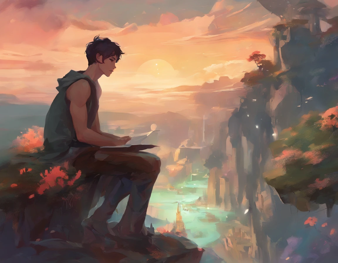 there is a man sitting on a chair , lofi artstyle, he is about 20 years old with black vest, artwork in the style of guweiz, inspired by Bian Shoumin, with short hair, smooth in _ the background, shot with sony alpha, daily life, instagram story, chillhop, smoothly, guweiz
