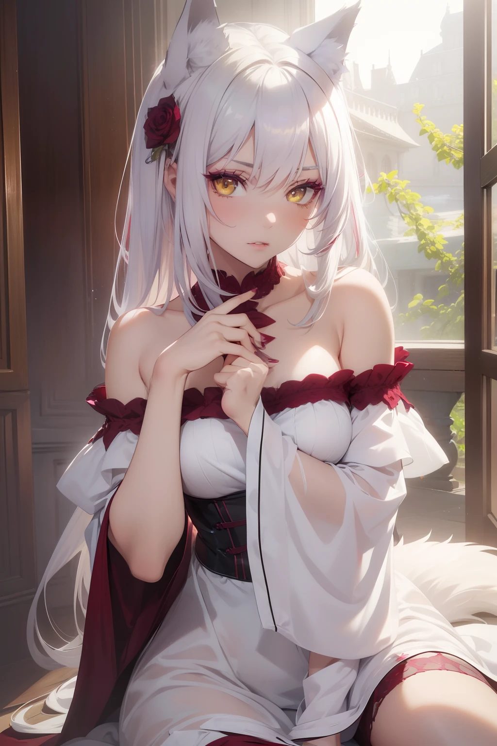 Best Quality, 超High Resolution, (Photorealistic:1.5), RAW photo, 1girl, fine details, ((bright yellow eyes)), ((burgundy eye shadow)), bright white hair, wolf ears, wolf tail, Masterpiece, depraved embarrassed posture, Posing, Innocent Summer White Dress, Opening the shoulder, Long manicure, Fabric exposure,