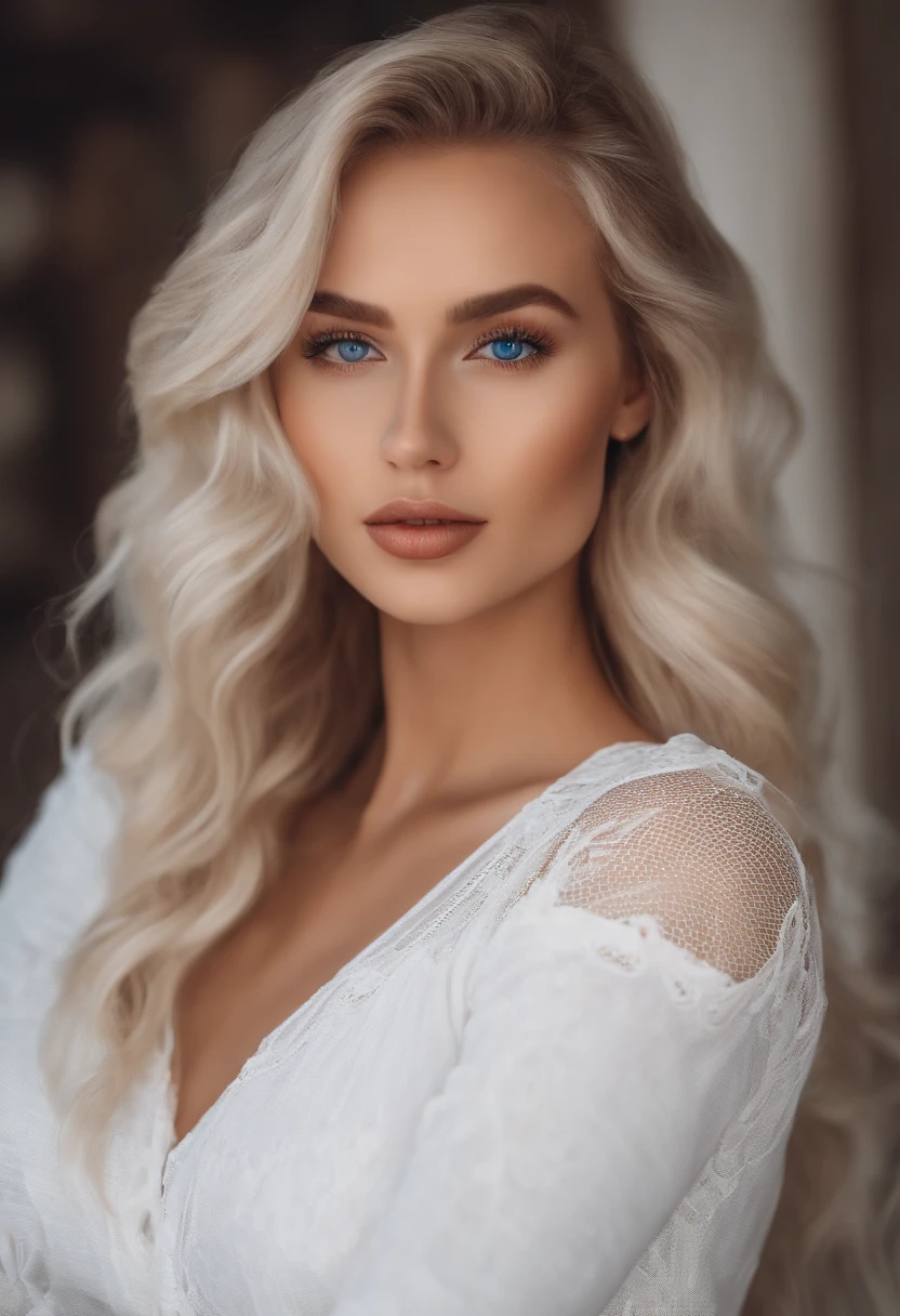 realistic white female instagram influencer, best quality, blonde, 1 girl, blue eyes, in white tight short dress