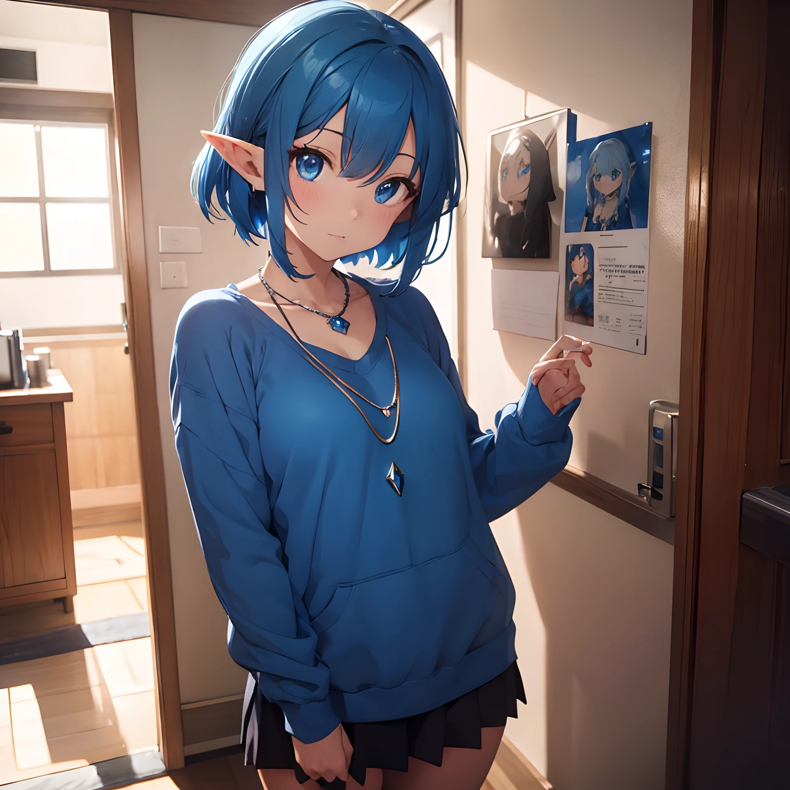 Elf with blue hair, blue eyes, crystal necklace, blue sweatshirt,Short straight hair 4k anime