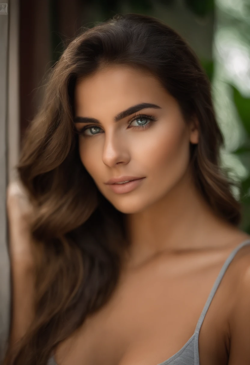 Arafed woman with tank top, fille Sexy, latina, colombienne, aux yeux bruns, cheveux bruns et grands yeux, selfie of a young woman, Yeux de chambre, sans maquillage, maquillage naturel, looking straight at camera, Visage avec Artgram, Maquillage subtil, clivage, tits, ass, Sexy, Face camera