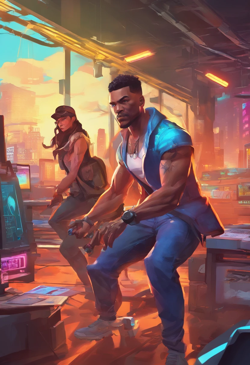 (a detailed and action-packed scene:1.1),GTA, Franklin knocking out Lester inside terrabite,realistic,high-res,cinematic,masterpiece,professional,ultra-detailed,portrait lighting,dynamic pose,immersive environment,vivid colors,dramatic shadows,high-tech atmosphere,criminal underworld,fast-paced action,explosive energy,meticulously crafted interior,modern design,hi-tech gadgets,elaborate video game setting,high-definition textures,strategic lighting,stylized graffiti,exciting storyline,character development,intense emotions,edge-of-your-seat suspense,realistic facial expressions,authentic movements,heart-pounding adrenaline,laser-focused eye,slender built,sharp jawline,fine contours,sleek hairstyle,determined look,fierce expression,dressed in streetwear,chiseled features,powerful gestures,imposing presence,background featuring high-tech equipment,brightly lit monitors,computer servers,intense atmosphere,neon-lit room,reflections on shiny surfaces,skillful hand-to-hand combat,impactful punch,with satisfying sound effects.