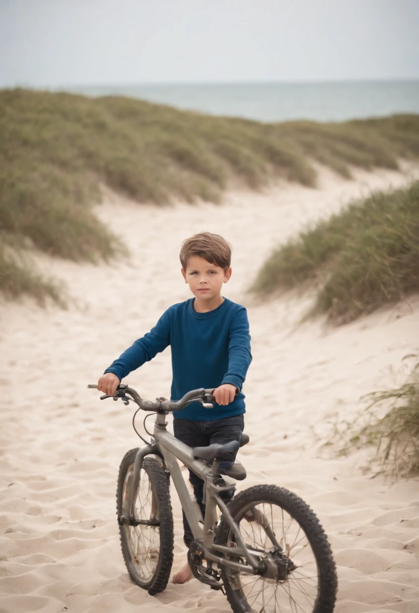 a boy standing on beach with his bike
