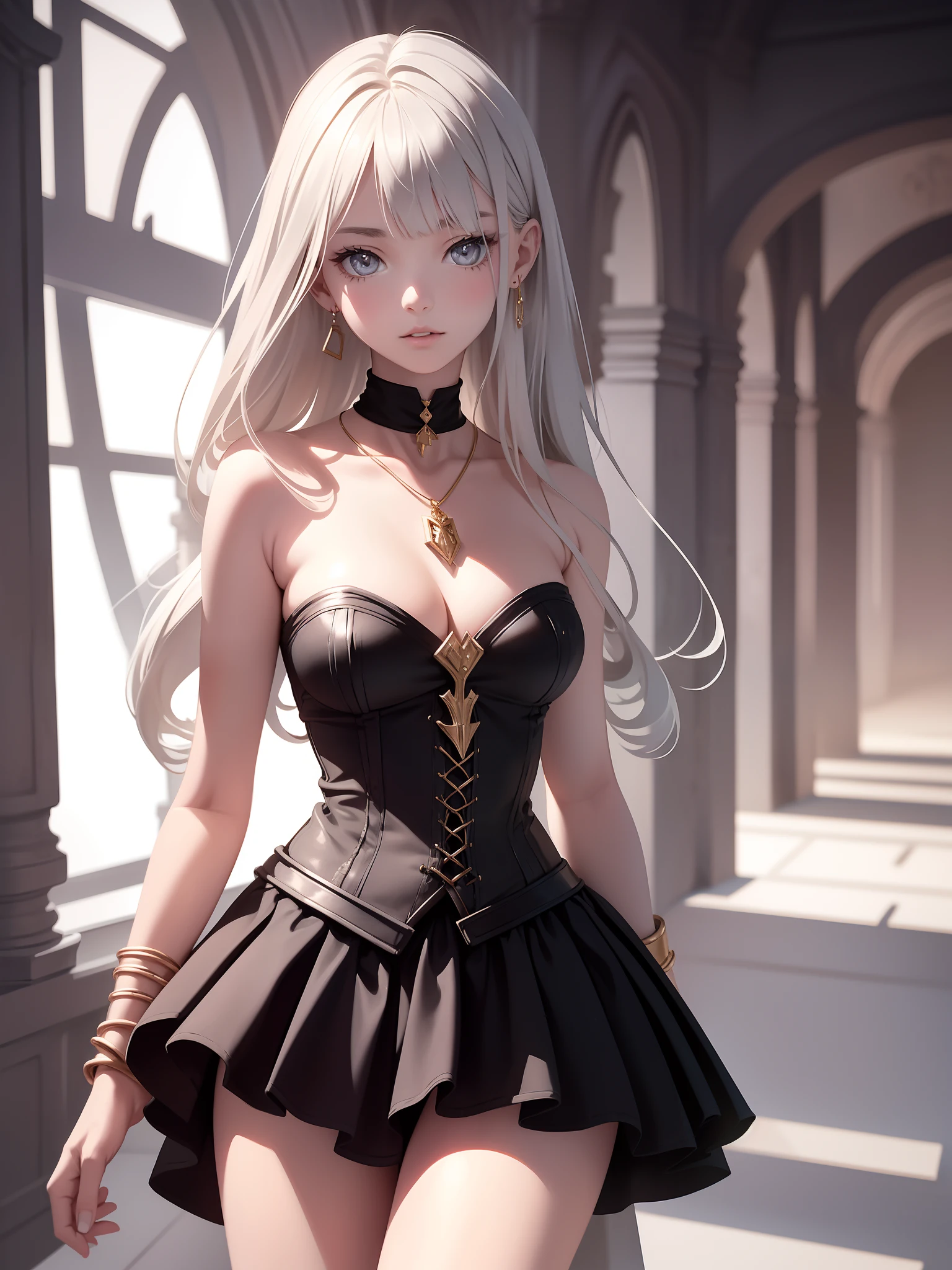 Cute girl in fantastic surroundings, with detailed armor and weapons, High-resolution rendering with realistic textures, Number of storeys and lighting, makeup, mascara, The lips are soft or colored, plain black background, minimalism, monotonous, Simple color palettes, puro, Clear design, Flowing silhouettes, skirts, skirts, Simple dresses, Sbikini, asymmetric, geometric, Elegant and luxurious materials and design, simple, Minimum accessories, Necklaces and thin rings made of silver or gold, Simple bracelets, Distinctive design, Simple silhouettes, Simple and sophisticated style, elegance, minimalism, High-quality materials, haute couture, Simplicity and sophistication,