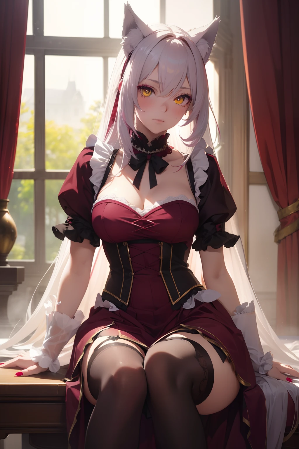 Best Quality, 超High Resolution, (Photorealistic:1.5), RAW photo, 1girl, fine details, ((bright yellow eyes)), ((burgundy eye shadow)), bright white hair, wolf ears, wolf tail, Masterpiece, depraved embarrassed posture, Posing, Maid costume, Long hem, Long manicure, Fabric exposure,